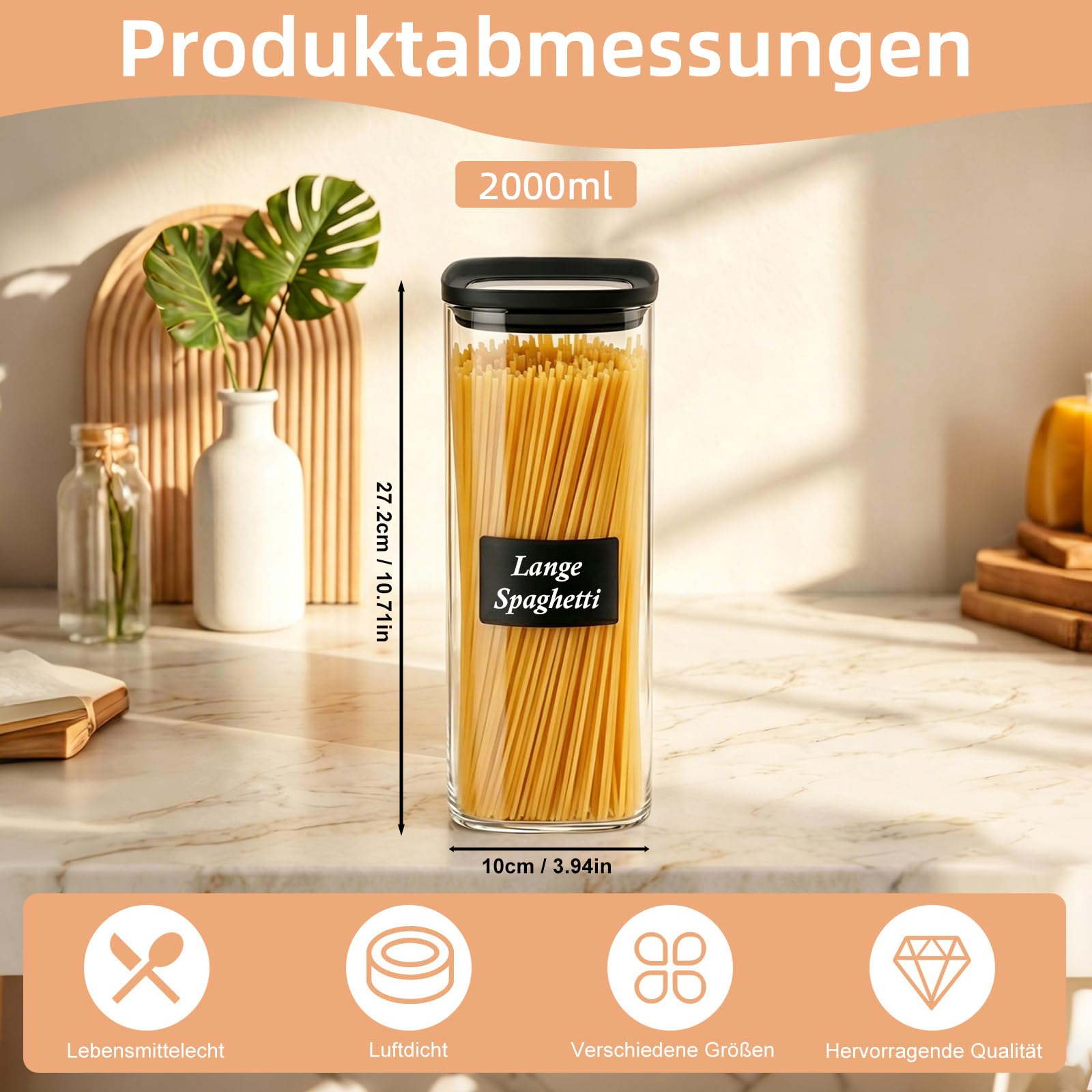 twoant 4 set Eckig Stapelbar Vorratsgläser mit Glasdeckel Luftdicht 2000ml Vorratsglas mit Deckel Aufbewahrungsglas mit Etiketten & Marker für Küche,Gewürze, Kaffee