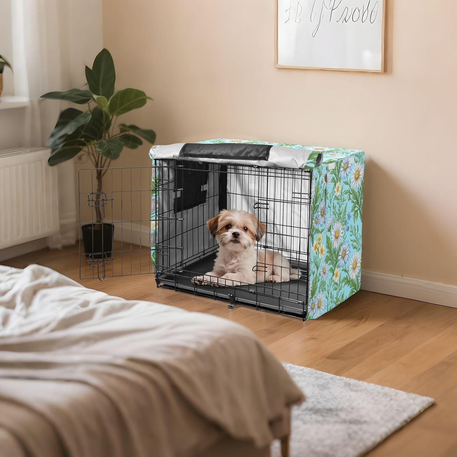 Duty 600D Silver Coated Dog Crate Cover, Water-Resistant Daisy Print Pet Kennel Canopy with Mesh Windows for Optimal Ventilation, Universal Fit for Standard Wire Cage, Indoor & Travel