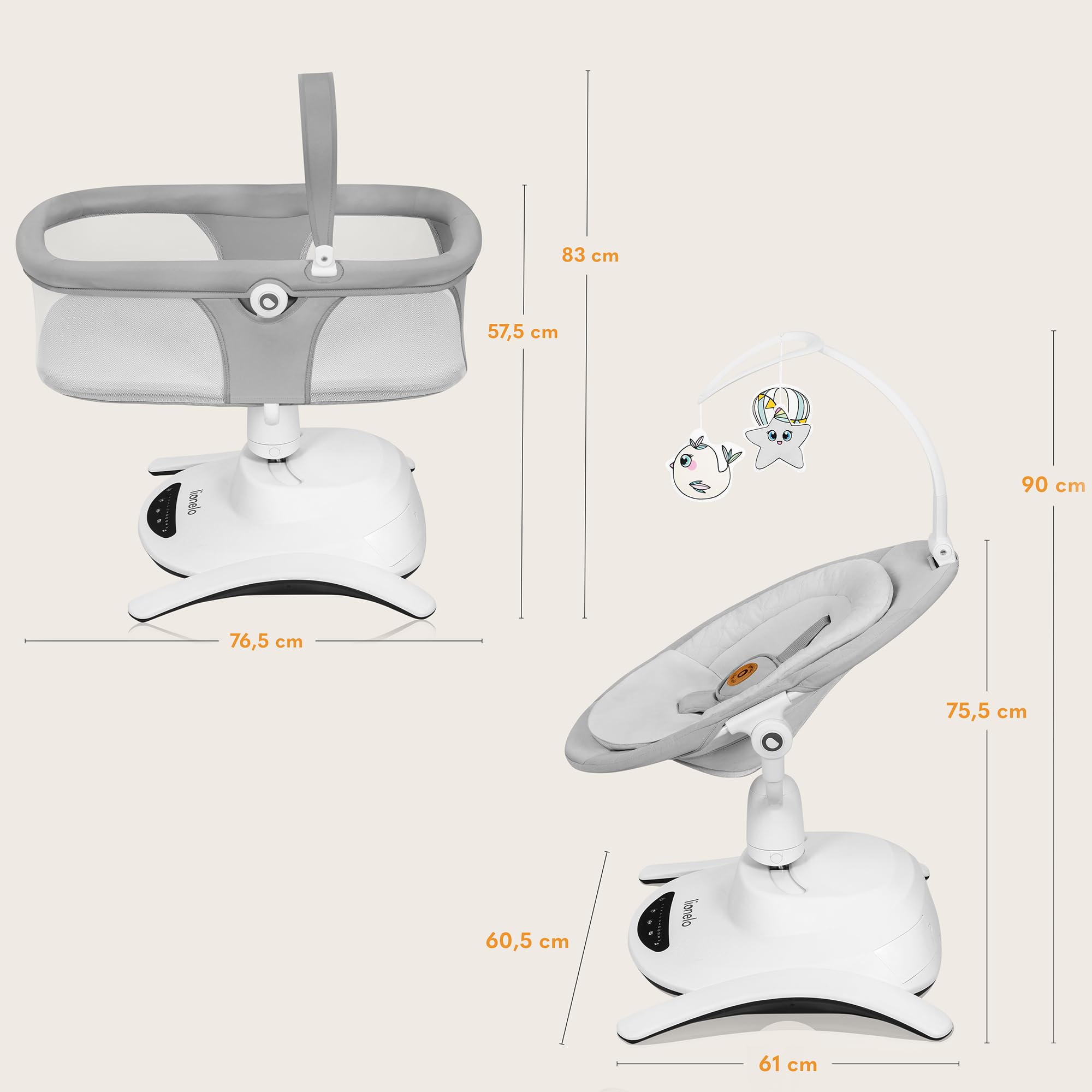 LIONELO Bella Set 2 en 1 - Hamaca eléctrica con capazo 360o para bebés de hasta 9 kg, respaldo reclinable, 5 velocidades de balanceo Cinturón de seguridad antideslizante