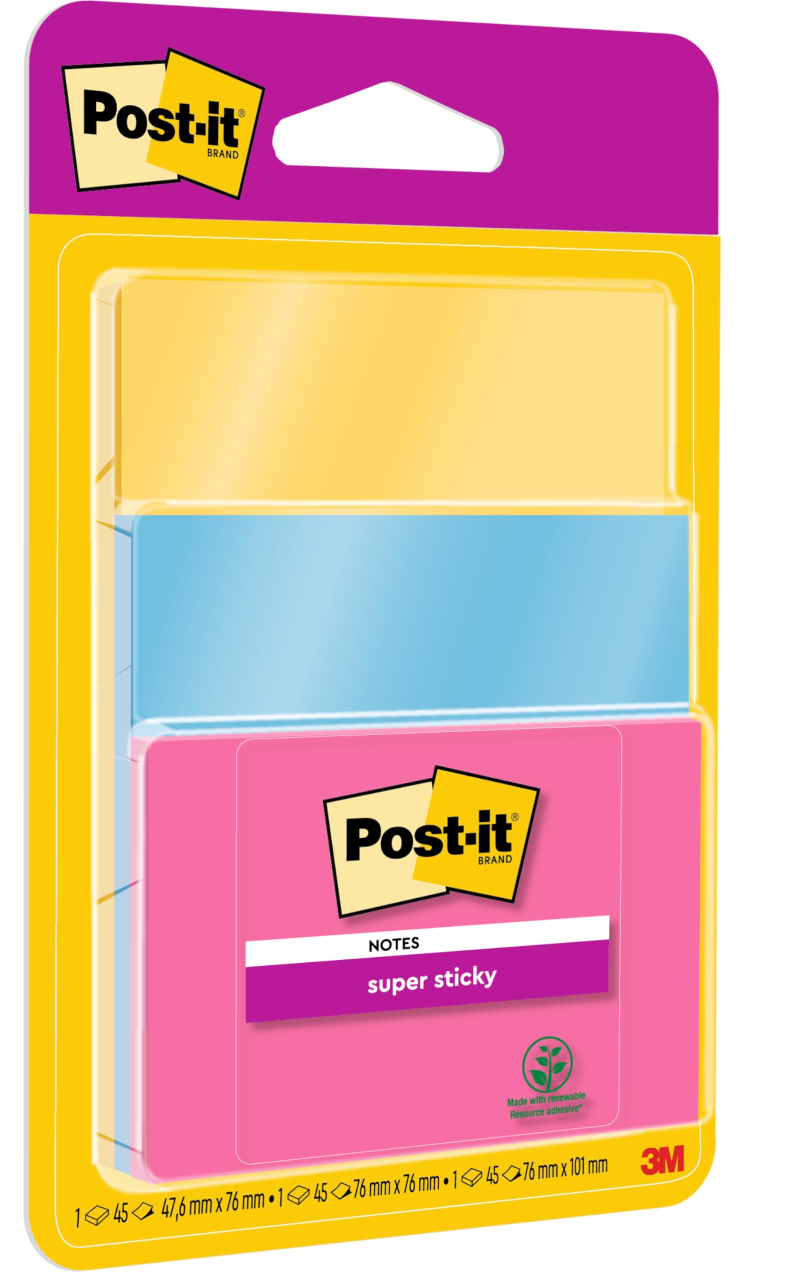 Post-it Notes Autocollantes Super Sticky, Couleurs et Tailles Assorties, 3 Blocs, 45 Feuilles par Bloc, Rose, Bleu, Jaune - Feui