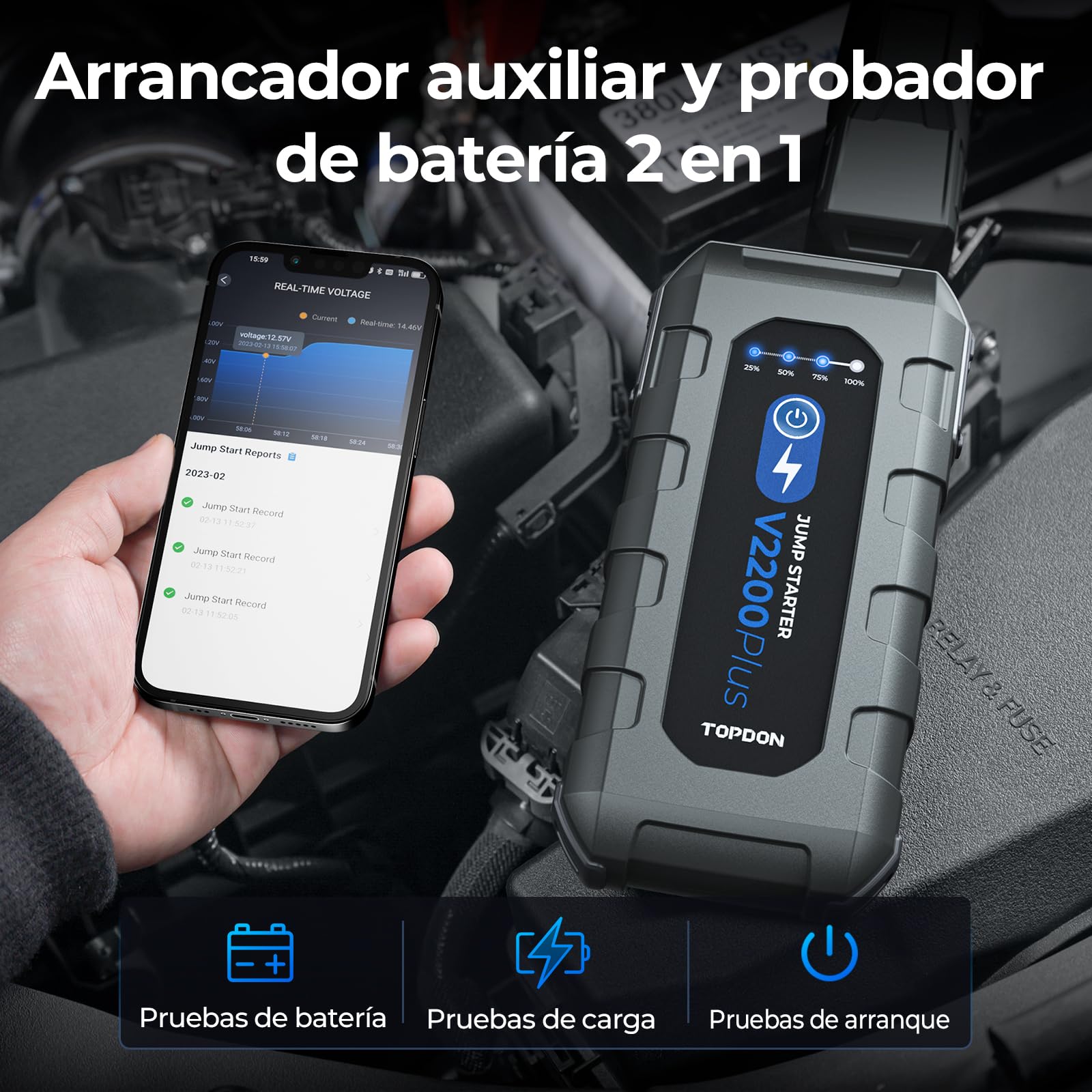 TOPDON V2200 Plus Arrancador de Coches y 12V Comprobador de Batería 2 en 1, Arrancador de Baterias de Coche 2200A para 8L Gas/6L Diesel