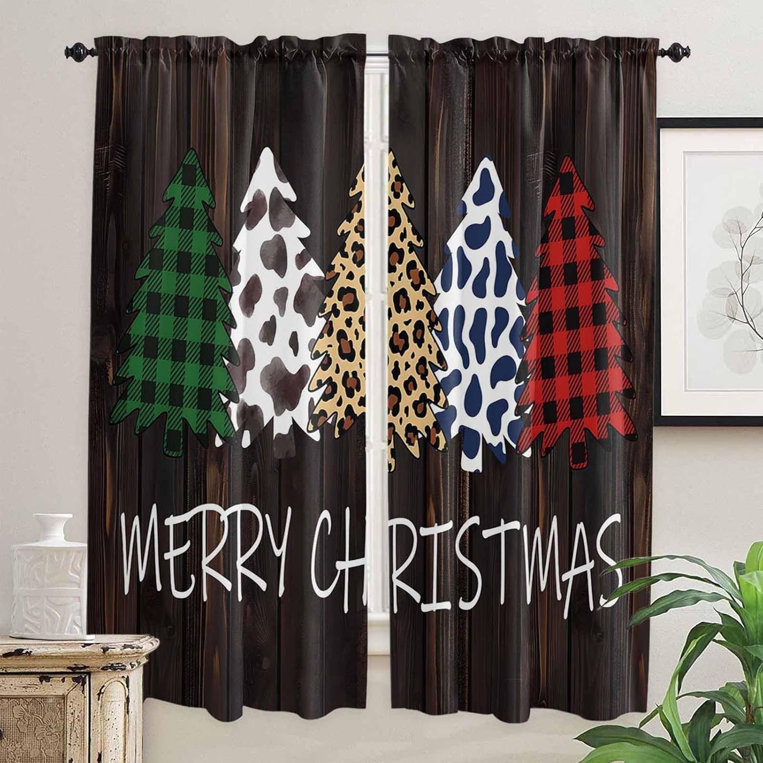 Christmas Tree Window Curtains 72 Inch Long 2 Panel Set, Rod Pocket Long Curtains & Drapes, Cow Leopard Print Plants Wooden Grain Light Filtering Window Treatment for Bedroom Living Room 52"W x 72"L
