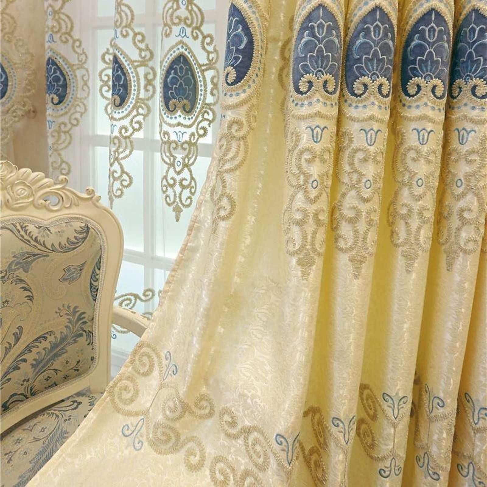 Tenda Oscuranti per Interni, Tende Moderna per Finestre 102x183 Poliestere Beige con Ricami Floreali Vintage, con Gancetti, 2 Pannelli