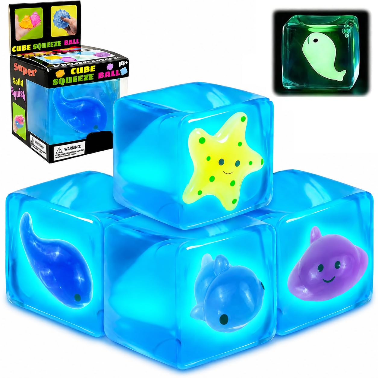 Nice Ice Cube Glow in the Dark, 4 Pcs Squishy Fidget Toys, Sensory Cube Stress Balls for Adults & Kids, Marine Squishies Squeeze Toys for Autism Anxiety Relief