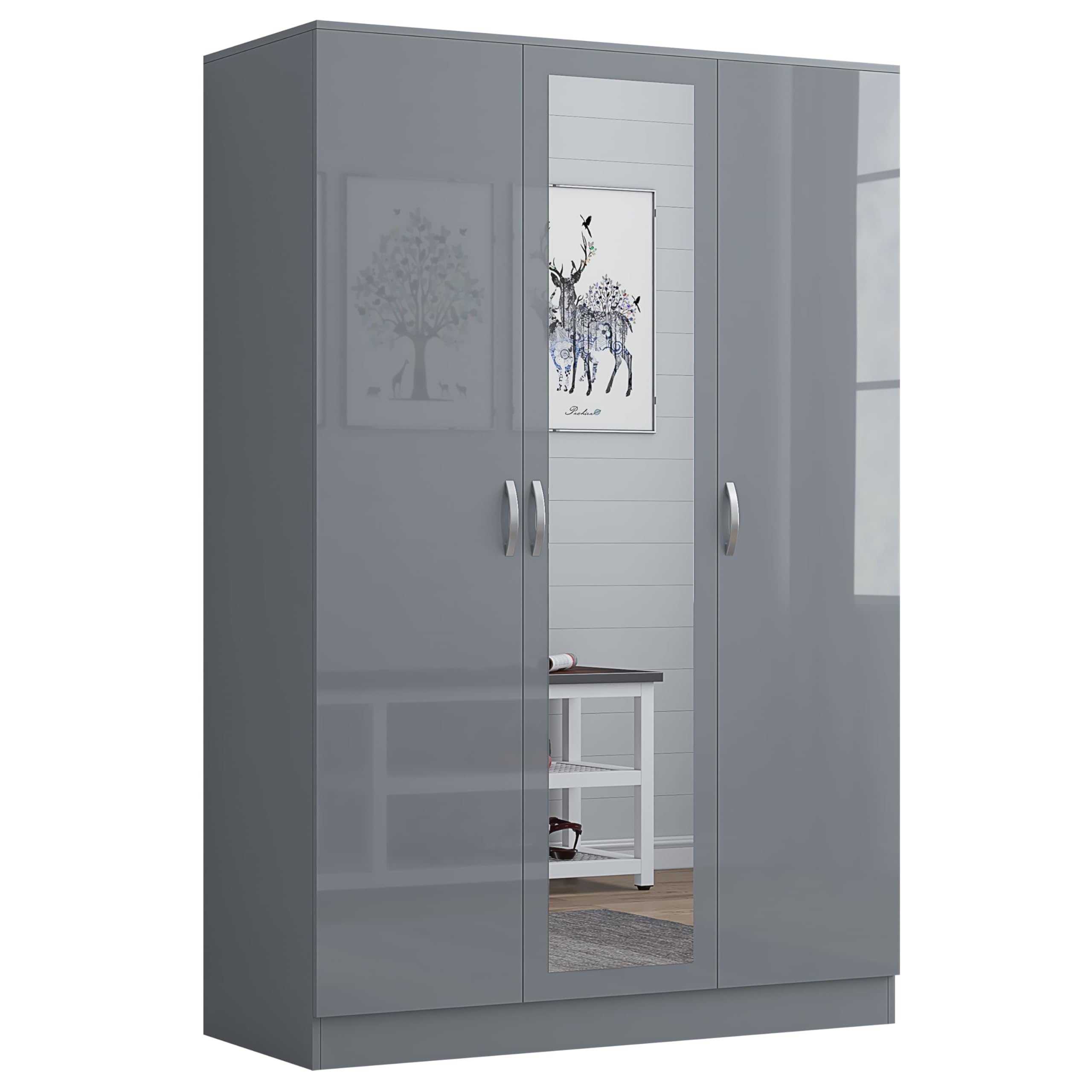Nera Gloss 3 Door Wardrobe for Bedroom 120cm Wide with Mirror Shelves and Hanging Rail Storage Cabinet (Gloss Grey (Matt Grey))