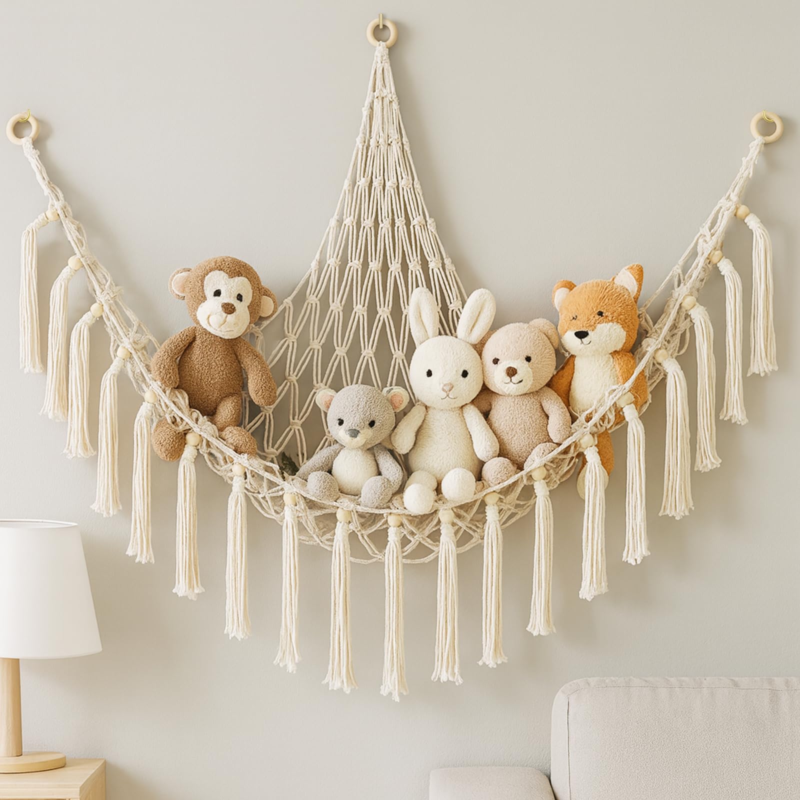 Kuscheltier Aufbewahrung Netz, Boho Makramee Spielzeug kinderzimmer deko, StofftieStofftier Aufbewahrungstasche Hängematte Aufbewahrung Kuscheltiere für Kinderzimmer Schlafzimmer Beige