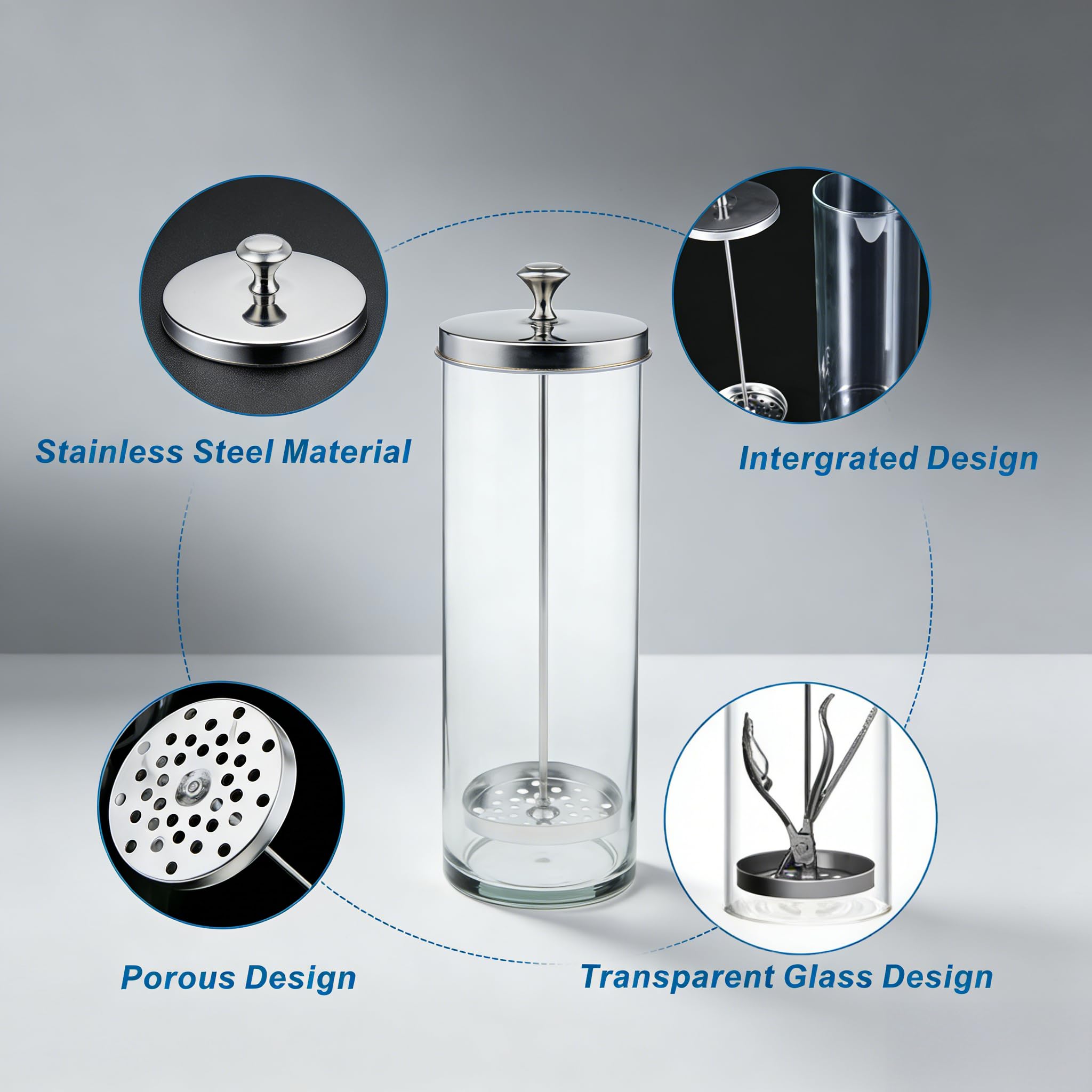 9 Zoll Desinfektionsglasbehälter (23cm), Edelstahl+Transparent Glas Sterilisation Behälter, Abtropfkorb-Design für Maniküre-Werkzeuge & Salon Hygieneverwaltung