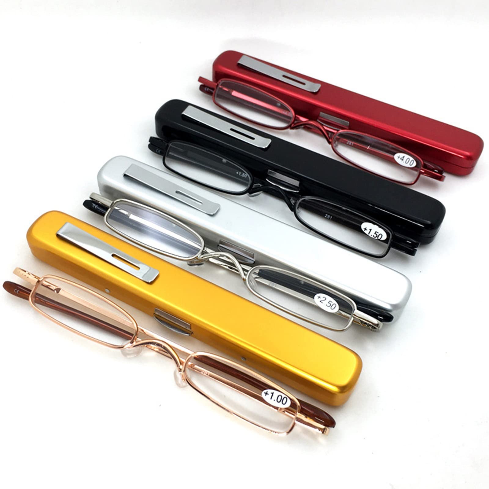 TBHOME Slim Mini Metall -Lesebrille, Tragbare Federscharnier -Leser Mit Stiftclip -Hülle, Hell, Langlebig Und Komfortabel/Gold/2