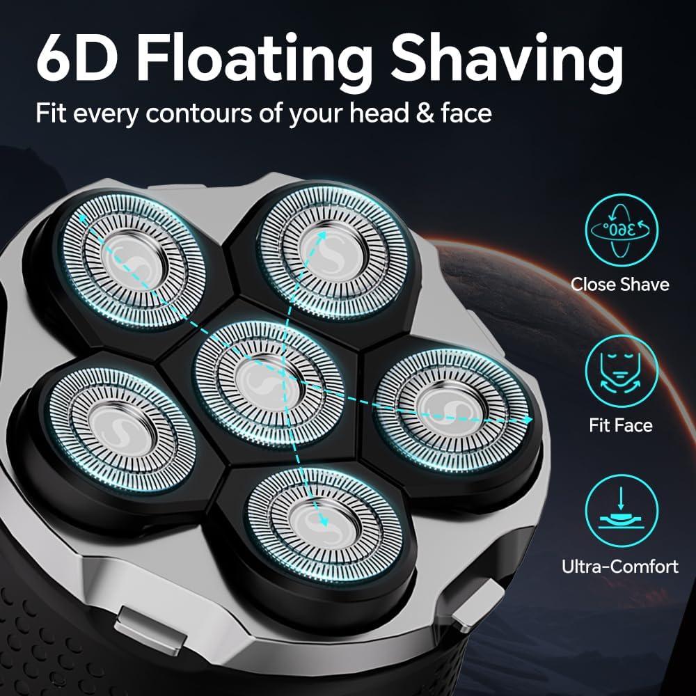 Electric 6D Floating Head Shavers for Bald Men, Magnetic Rotary Shaver for Men Face,Wet Dry IPX6 Men's Razor, LED Display Rechargeable with USB-C Charge
