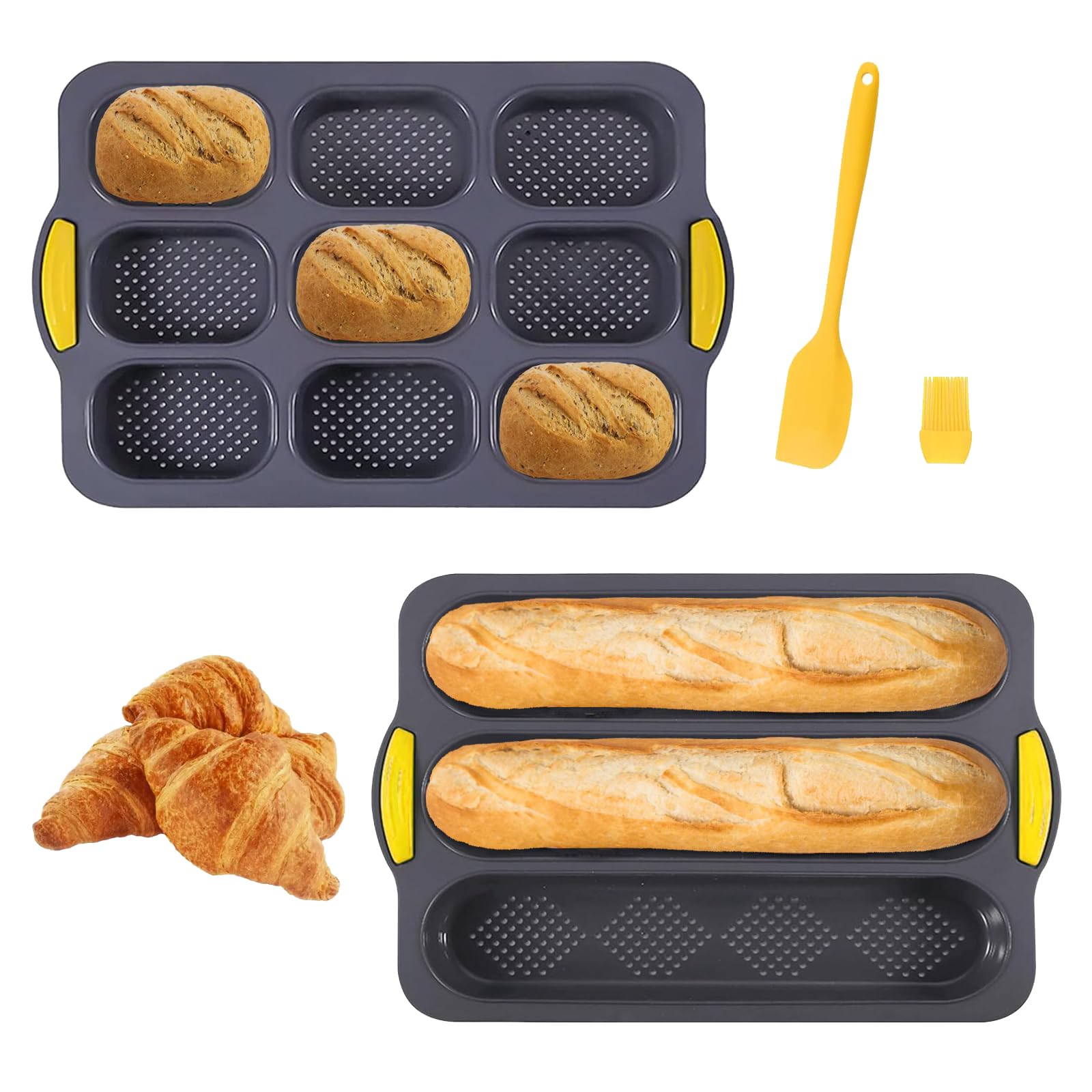 Stampo per Baguette, 2 Pezzi Stampo per Baguette in Silicone Antiaderente, Stampo per Panini, Stampi per Baguette, con Taglierina e Pennello in Silicone, per Cuocere il Pane in Cucina, Grigio