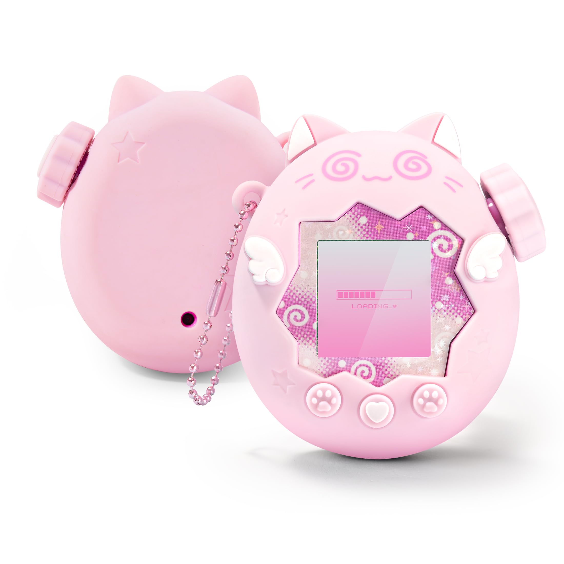 GeekShare Silicone Case Compatible with Tamagotchi Paradise, Soft Protective Cover, with Button Caps, Bead Chain Lanyard & Stickers, Anti-Scratch Skin, Comfort Grip Set (Circle Cat (Pink))