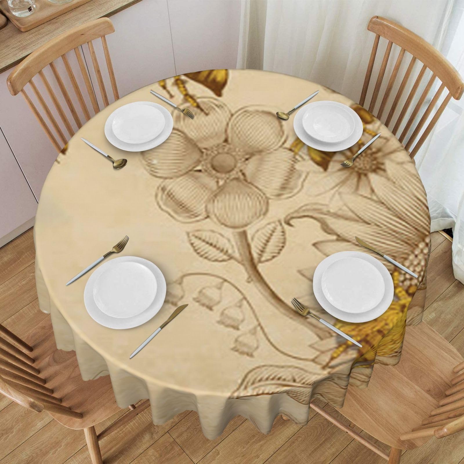DCEHGEW 60 In Round Tablecloth with Lace, Rural Honey Bees Wildflowers Printed Oilproof & Washable Fabric Picnic Table Cloth Table Covers