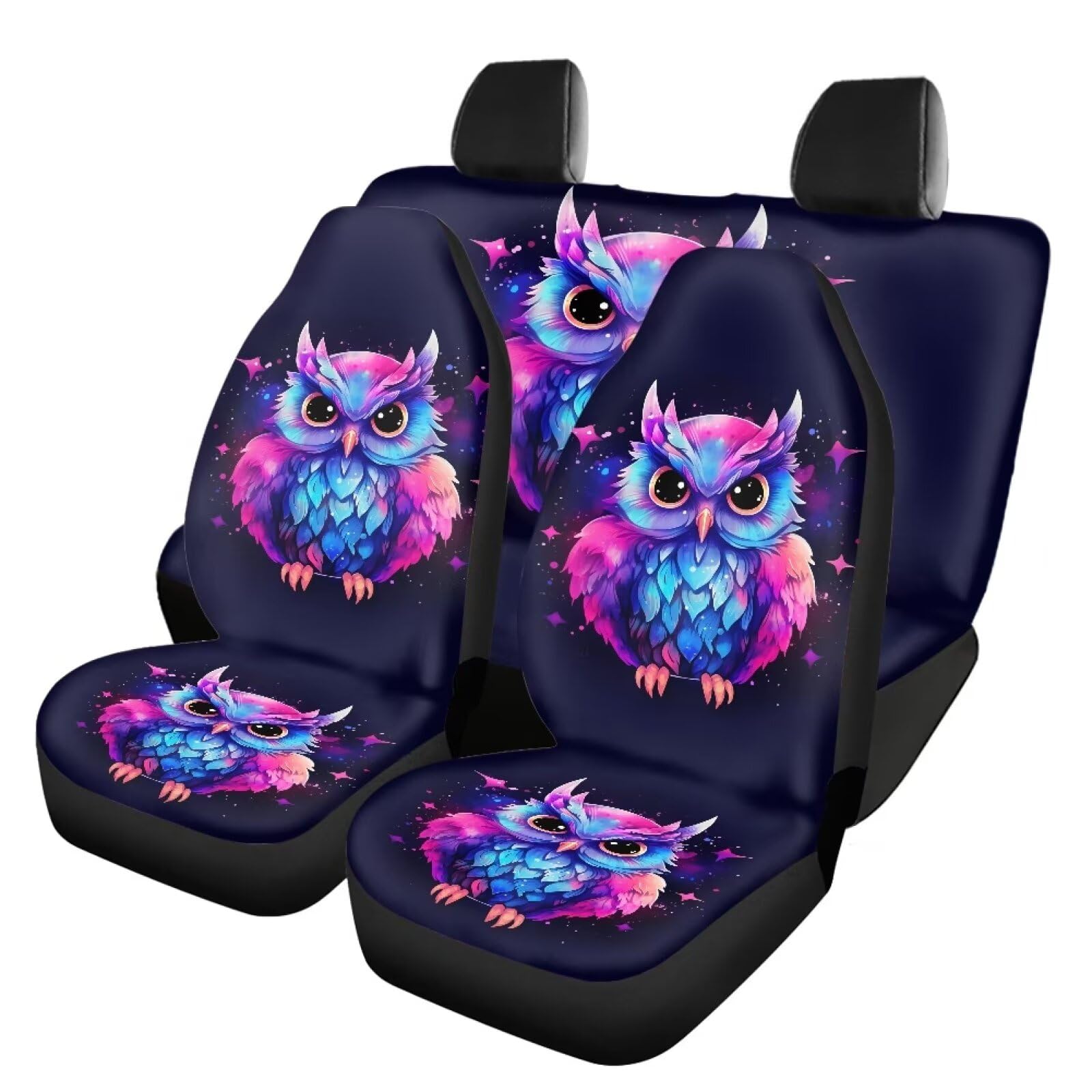 ZFRXIGN Galaxy Owl Car Seat Covers Full Set for Women Cute Car Accessories Front Seat Covers Rear Backrest Cover Pet Seat Protector Hippie Colorful Neon Car Decor Purple