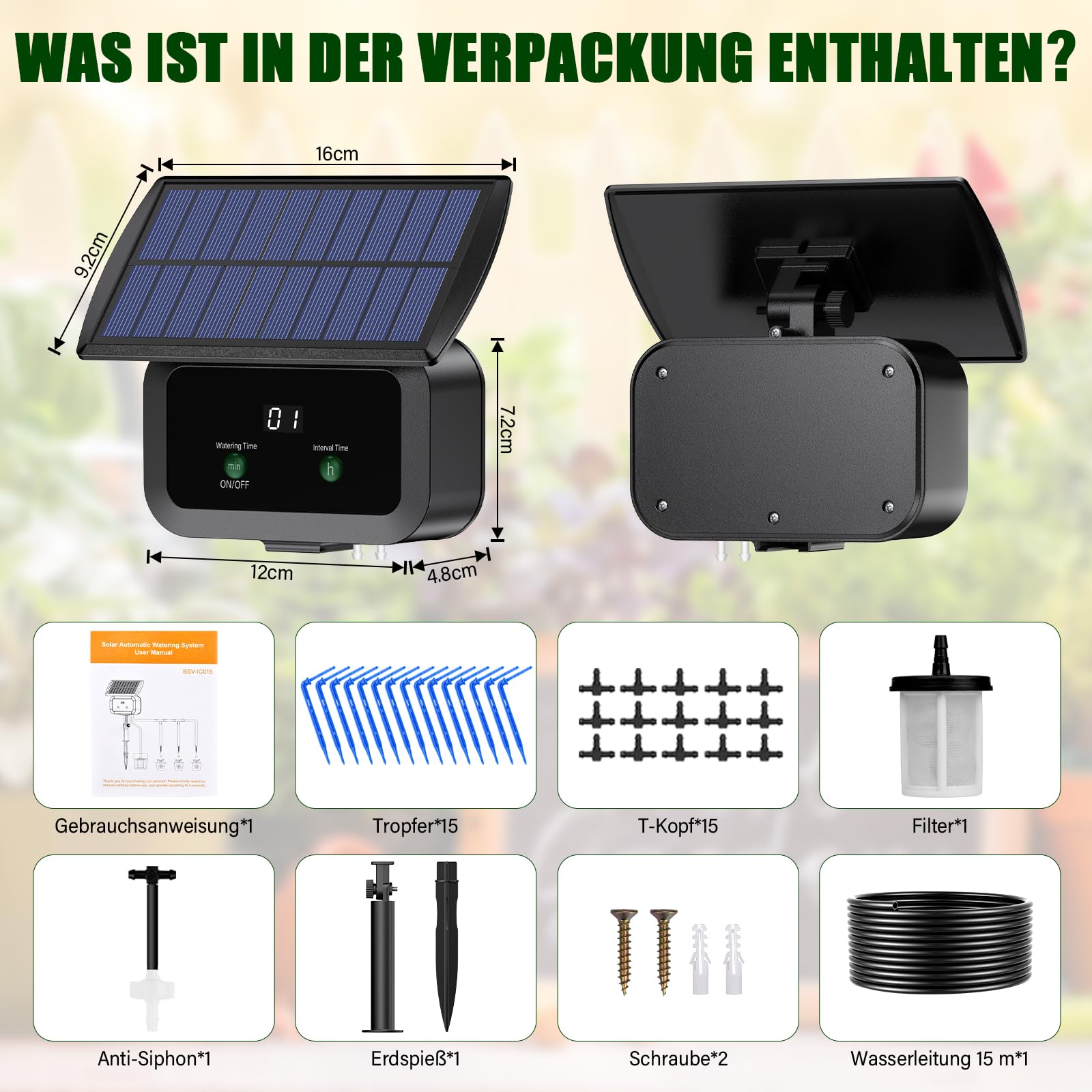 Solar Bewässerungssystem Garten, Automatische Bewässerung für Pflanzen im Urlaub mit Timer und 15M Schlauch, Solar Tropfbewässerung für Garten, Balkon Pflanzen, Kübelpflanzen im Freie