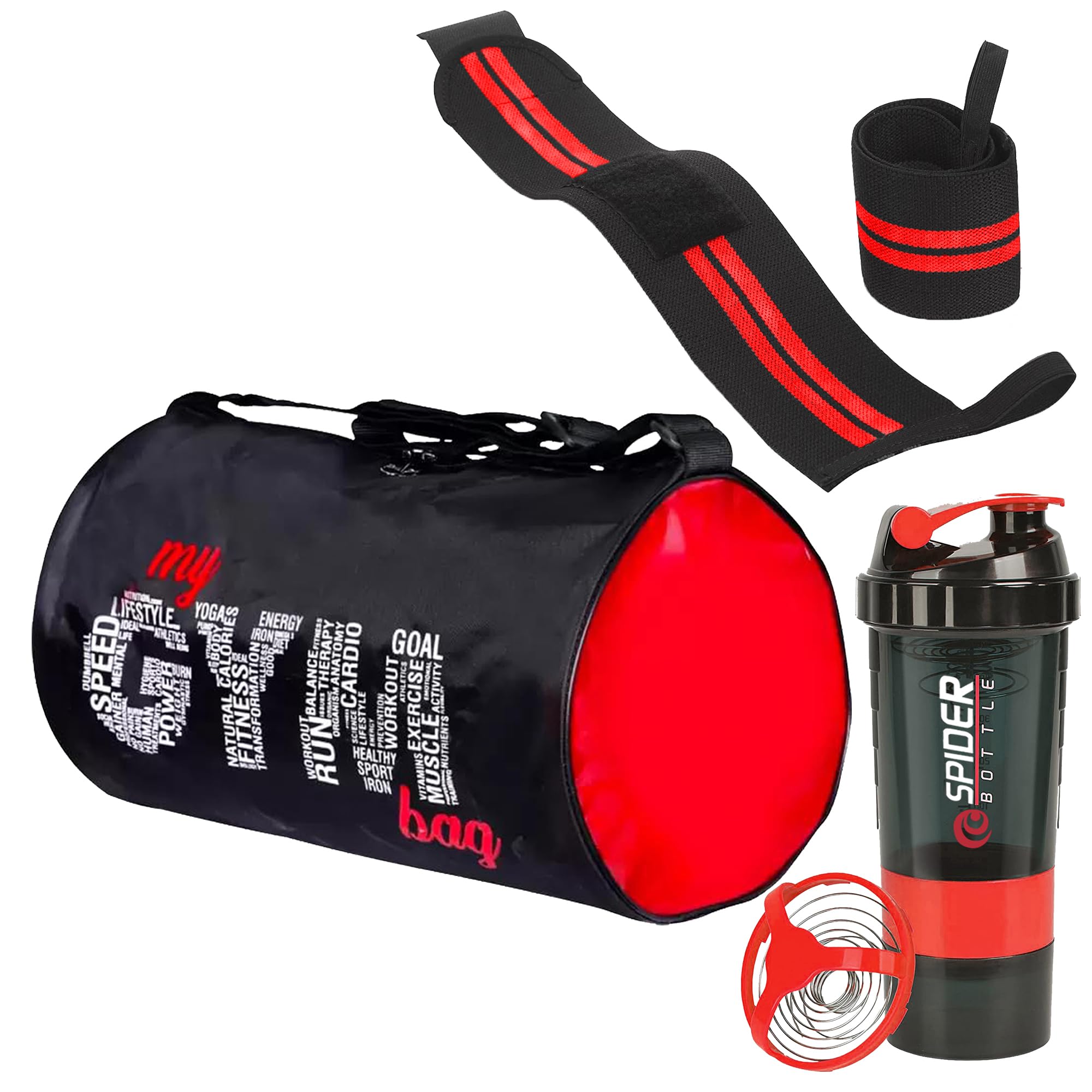 All-in-One Fitness Combo Gym Shaker, Gym Bag & Wristband for Men & Women || Shaker Bottle 500 ml || My GymBag for Fitness | Shoulder Gym Bags | Wrist Support Gym Band Men and Women (Red)-image-46