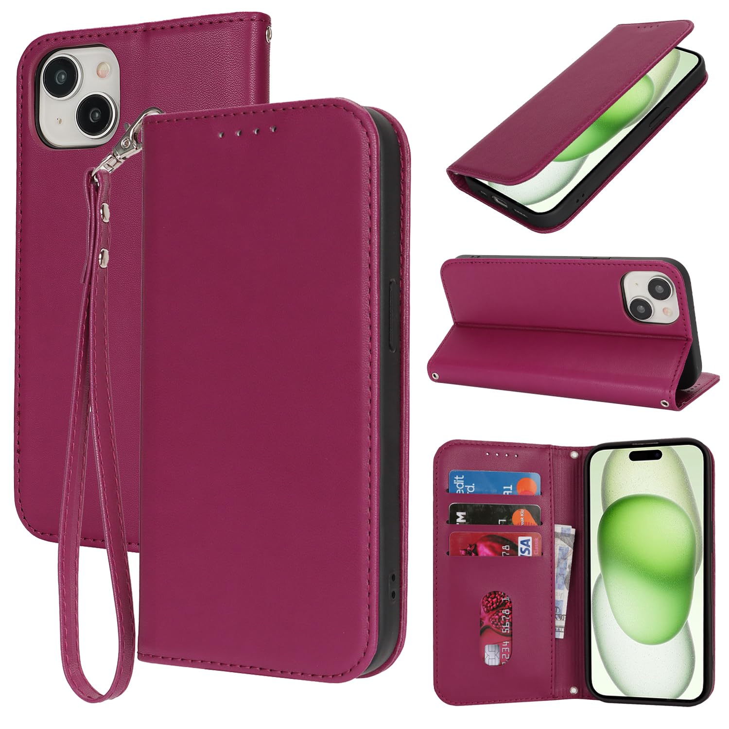 SunYoo for iPhone 14 Plus iPhone 15 Plus Wallet Case for Women,for iPhone 15 Plus Case with Card Holder and Wrist Strap,PU Leather Shockproof Magnetic