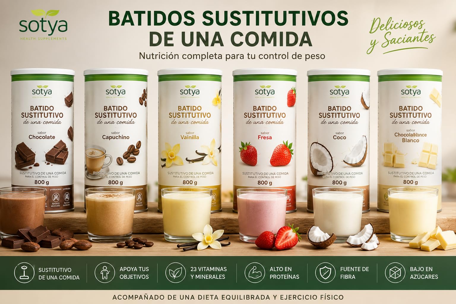 Sotya Batidos Saciantes Sustitutivos de Comida Control de Peso Pack 3 Sabores Capuchino Chocolate Vainilla Fibra Proteínas Vitaminas Café Verde