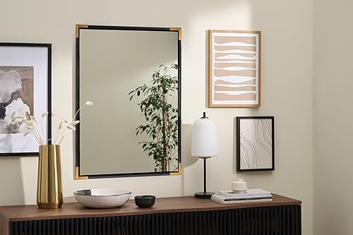 Miniatura 9 de ANDY STAR Espejo de baño negro de madera de pino fuerte de 24 x 32 pulgadas para pared, espejo de pared rectangular con esquina de metal dorado,