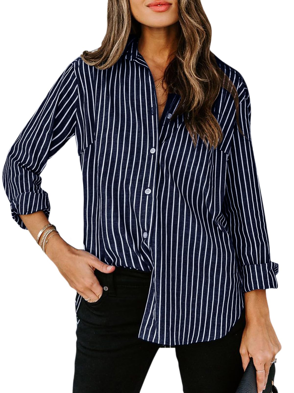 siliteelon Womens Button Down Shirts Cotton Striped Dress Shirt Long Sleeve Collared Office Work Blouses Tops