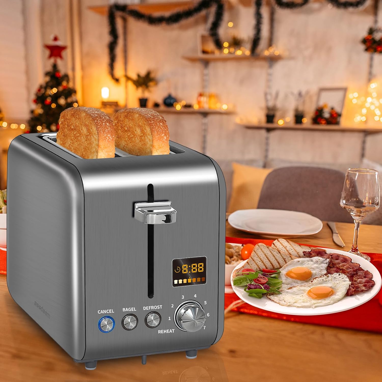 SEEDEEM 2 Slice Toaster With Color LCD Display - Stainless Steel, 7 Bread Shade Settings, 1.4'' Wide Slots, Bagel/Defrost/Reheat Functions, Removable Crumb Tray, 900W, Mint, view 11
