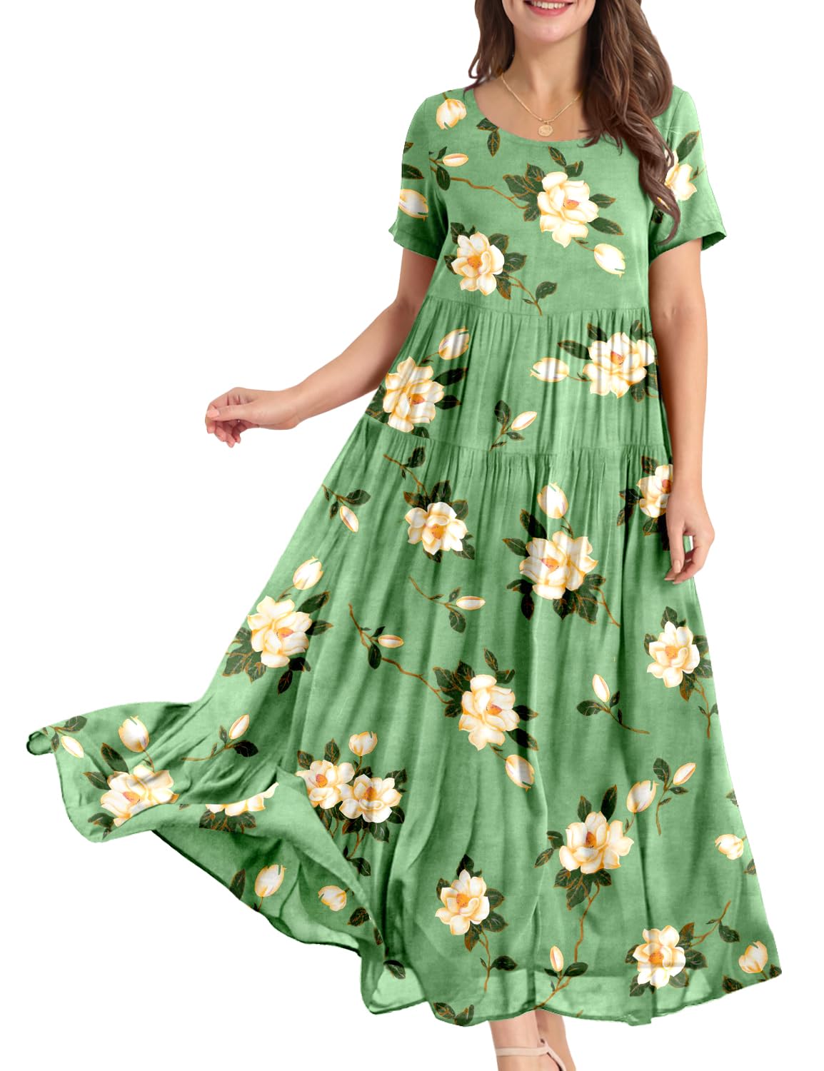 YESNO Damen Kleider Freizeit Lose Sommerkleid Lang Boho Maxikleid für Rundhals Strandkleid Blumenkleid EJFDE