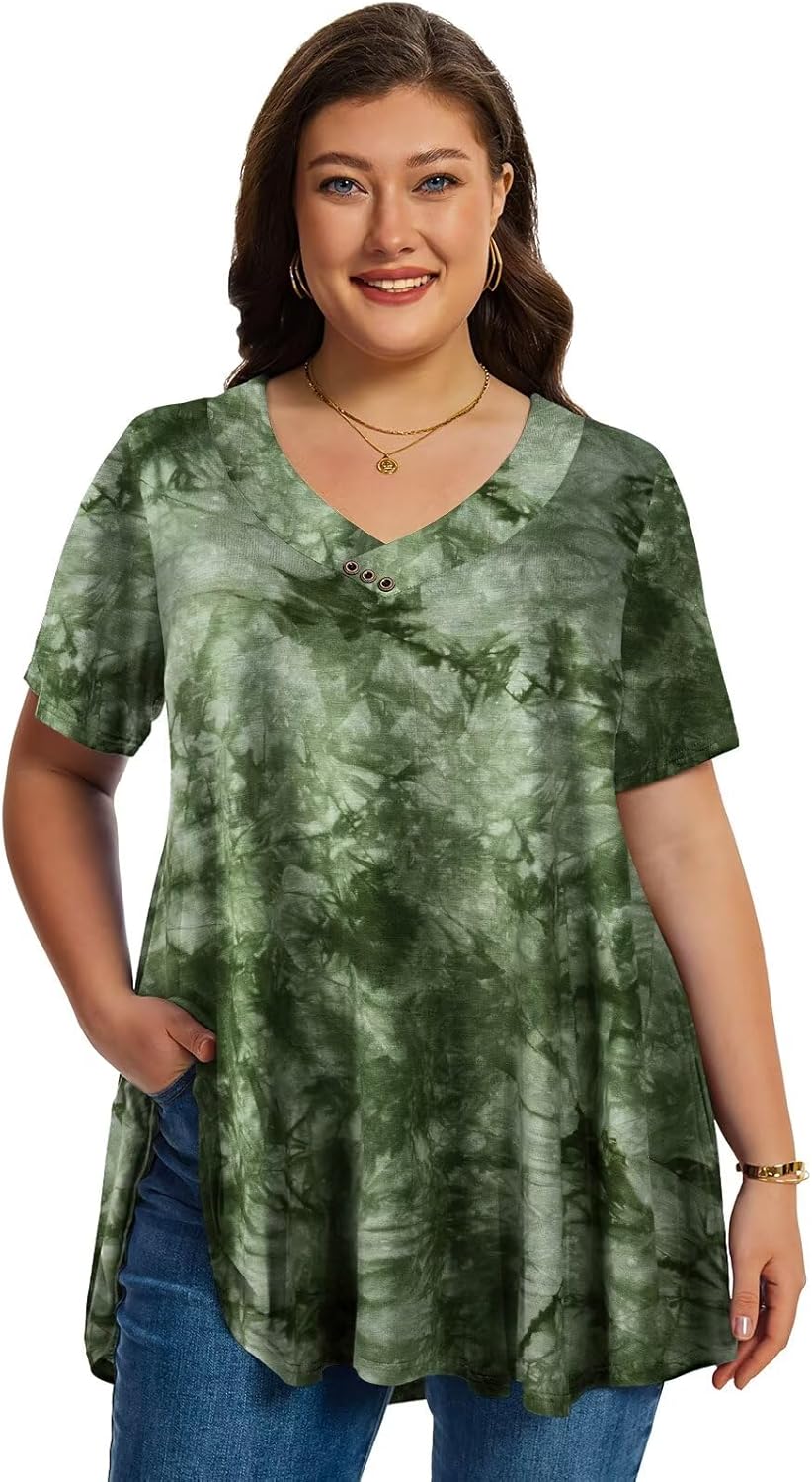 LARACE Plus Size Tops for Womens T Shirts Button Down Summer Clothes Short Sleeve Tunics Casual V Neck Blouses - Image 2