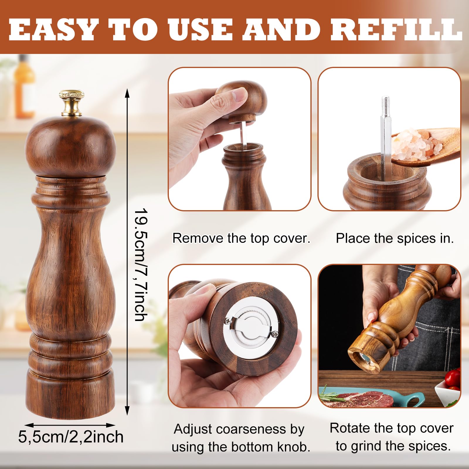 DAJAVE 3er Salz und Pfeffermühle Holz Set 20cm Pfeffermühle Holz Groß Keramikmahlwerk Gewürzmühle Salzmühle mit untersetzer Verstellbarem für Pfeffer Salz Gewürze Höhe