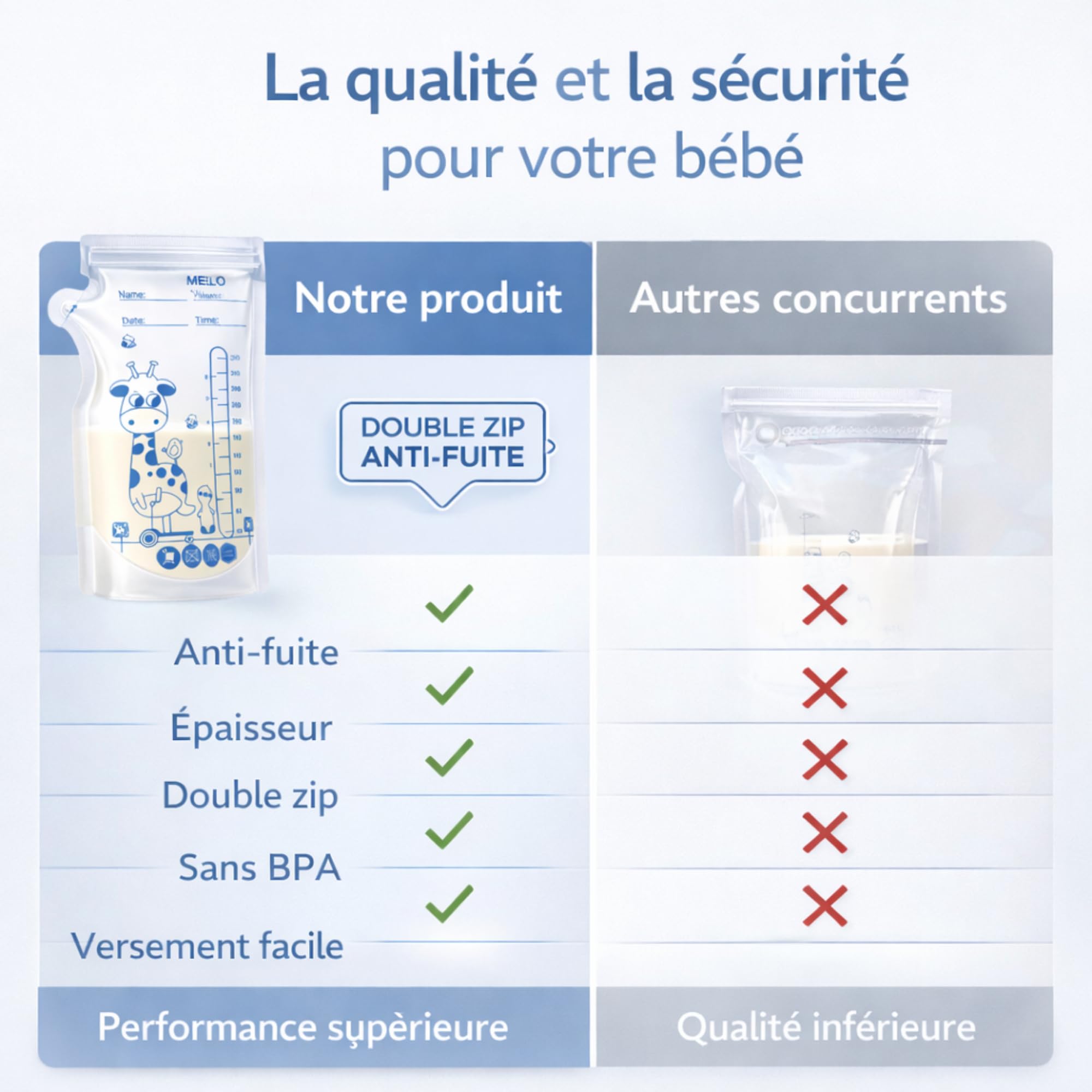 Sachets Lait Maternel 250 ml – Lot de 100 | Double Zip Anti-Fuite + Bec Verseur | Sans BPA – Conservation & Congélation – MELO