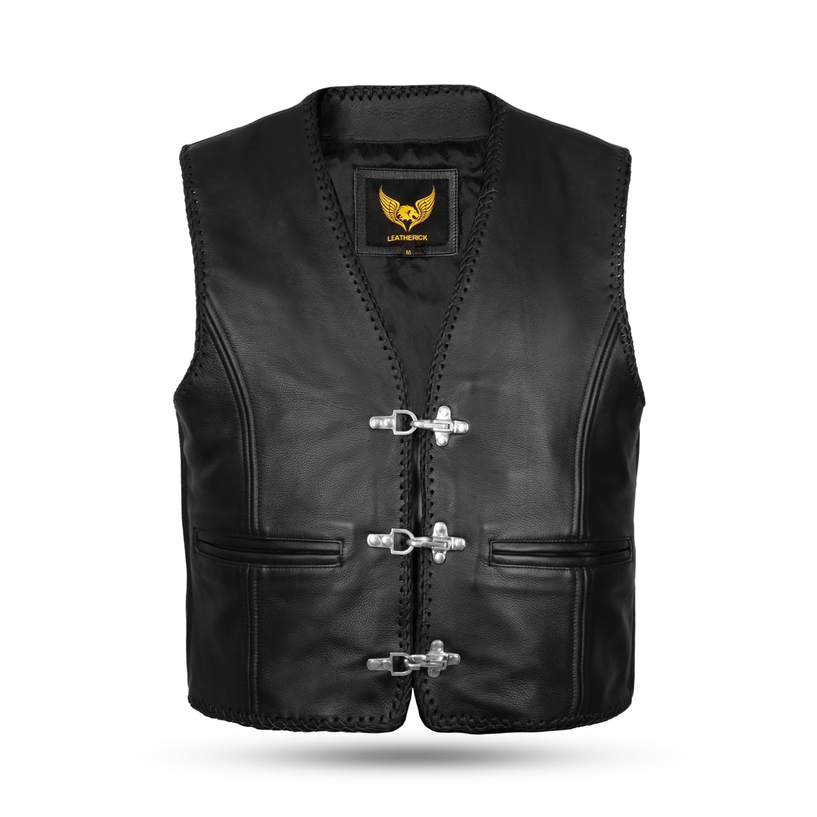 Leatherick Gilet da Motociclista in vera Pelle nera da Uomo - Design Classico Intrecciato, Lacci Laterali e Cerniera Gilet da Motociclista da Uomo con Fibbie a Gancio da Pesca