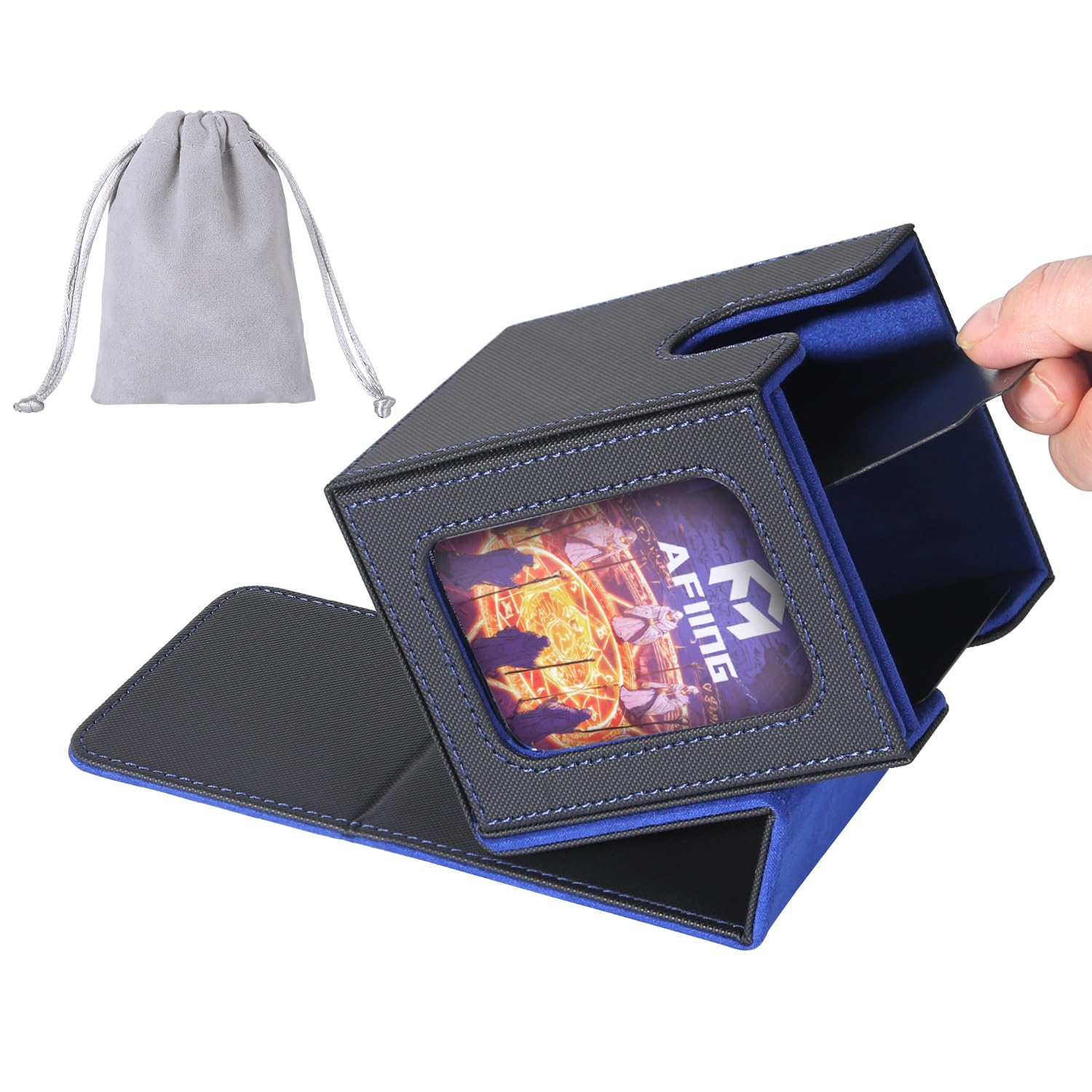 AFIING MTG Deck Box for Commander Display,Card Deck Box Fits 100 Double Sleeved Cards, Magic Commander TCG Storage Box with 2 Dividers,Drawstring Bag and 1 Toploader(Black/Blue) — image 1