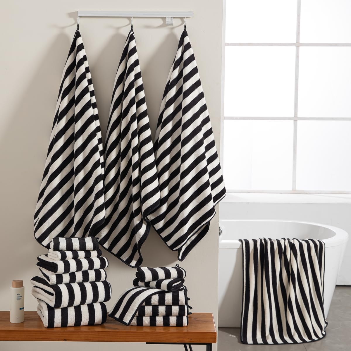 18 Pcs Black White Cabana Stripe Family Towels Set-6 Bath Sheets,6 Hand Towels,6 Washcloths Soft Jumbo Bathroom Towels Absorbent Shower Towel Quick Dry Beach Chair Towel Spa Gym Hotel Towel Set - Image 2
