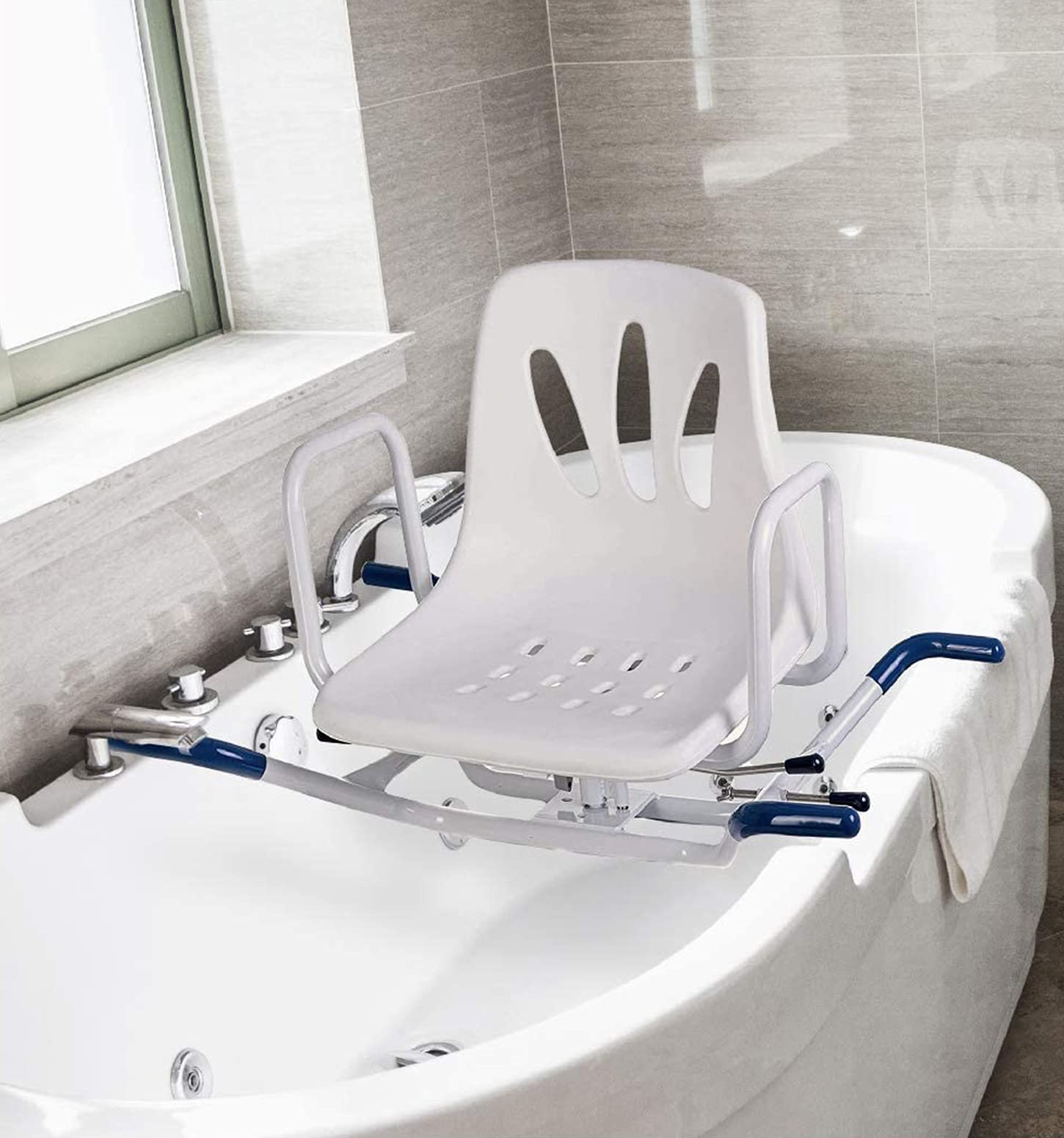 Silla Bañera Giratoria 360, Taburete Ducha de Baño con Reposabrazos y Respaldo para Ancianos y Discapacitados, Asiento de Ducha Ergonómico Antideslizante, Carga Máxima 150 Kg