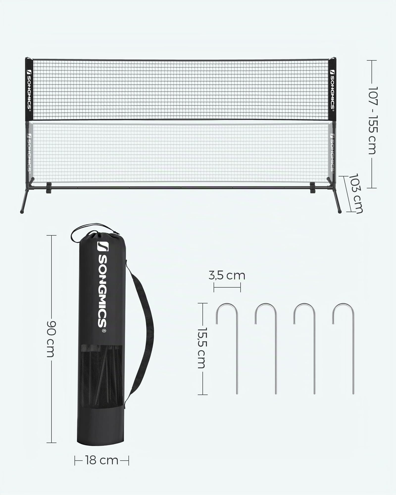 SONGMICS 300 cm/400 cm/500 cm Badmintonnetz, Volleyballnetz, höhenverstellbare Stangen, tragbares Set für Tennis, Beach-Volleyball, für Garten, Park, Outdoor