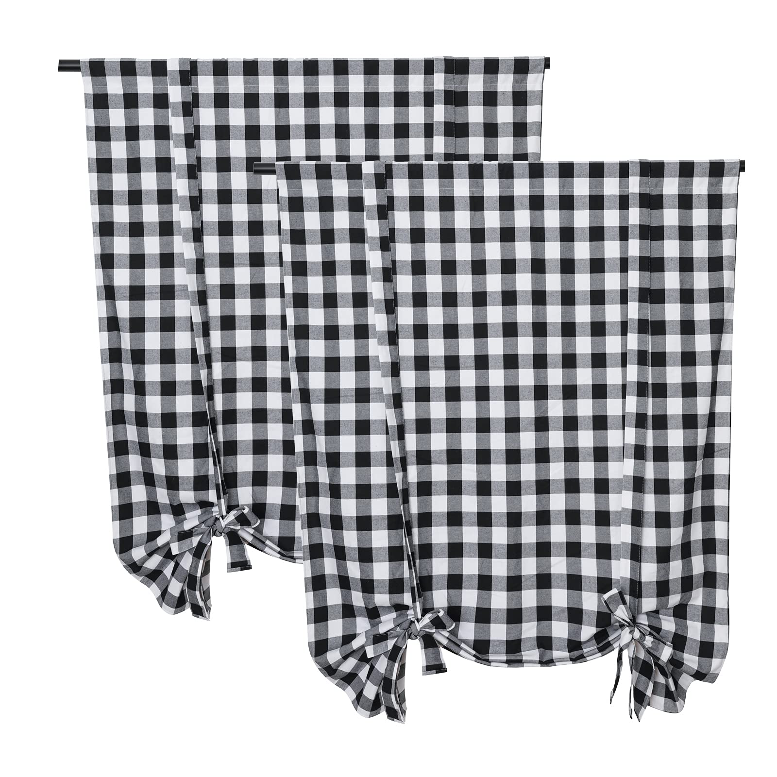 RLoncomix2 Pcs Tie Up Shade Buffalo Check Window Curtain Farmhouse Style Rod Pocket Kitchen Curtains, Black and White, 42 x 63 Inches