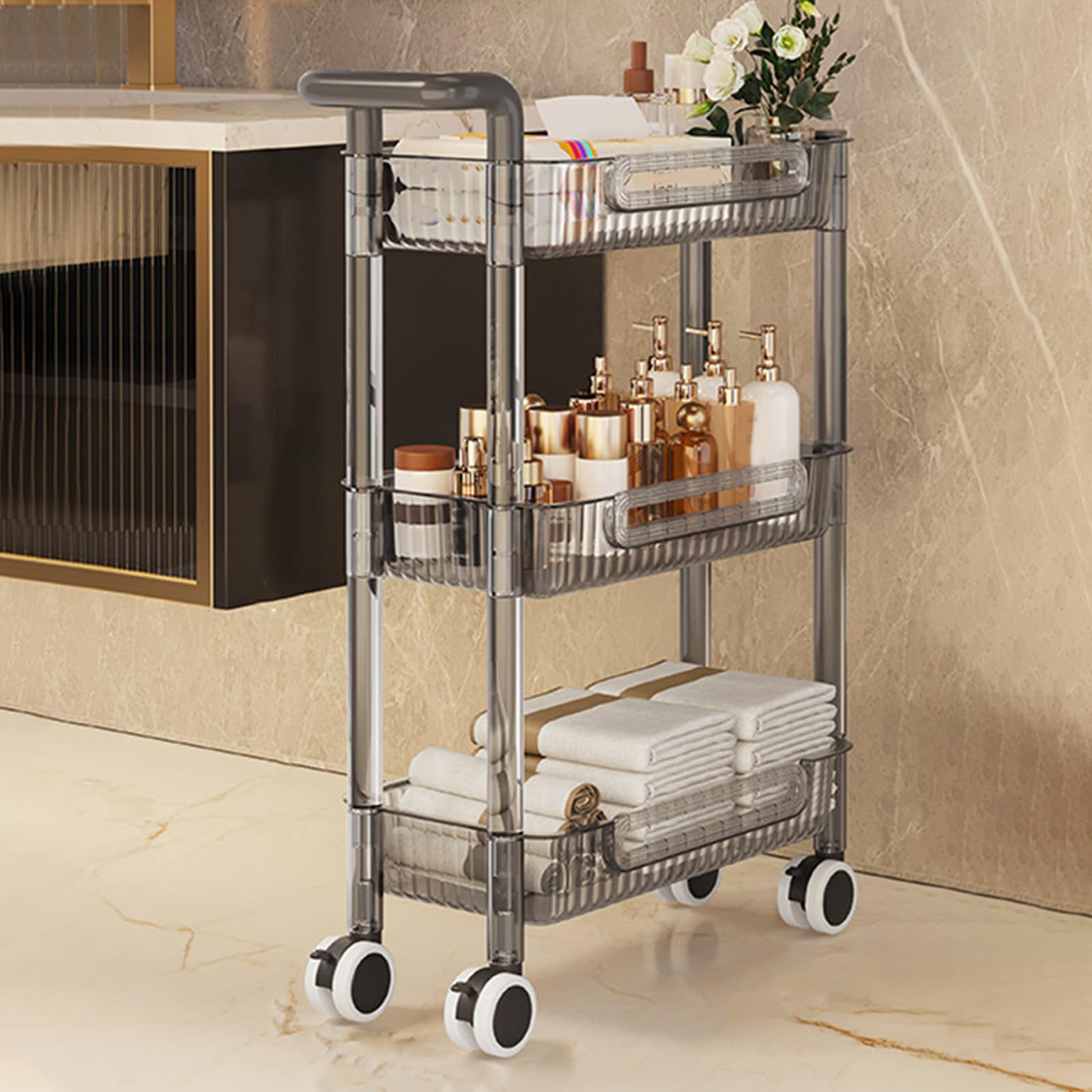 Carrello Portaoggetti Sottile, Carrello Multiuso in Acrilico per Bagno da Cucina con Scaffalatura Mobile Multifunzione con Maniglia,Grigio,3 Tier