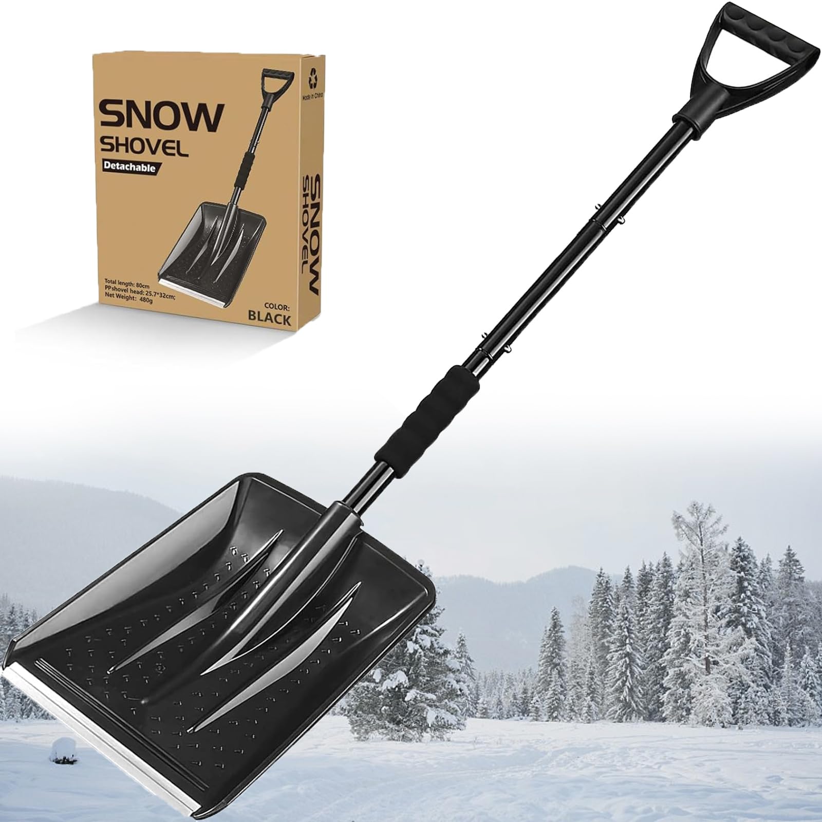 Black Snow Shovel for Car Driveway, New Upgrade Large-Capacity Lightweight Aluminum Portable Snow Shovel, Perfect for Snowman Playing, Emergency and Parent-Child Playing