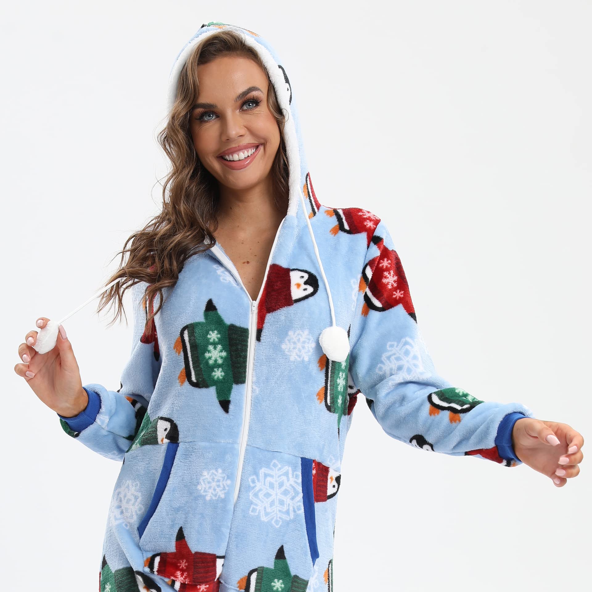 Tuta da donna invernale natalizia, calda, tuta intera per adulti, cosplay, onesie, con cappuccio, morbida, con chiusura lampo