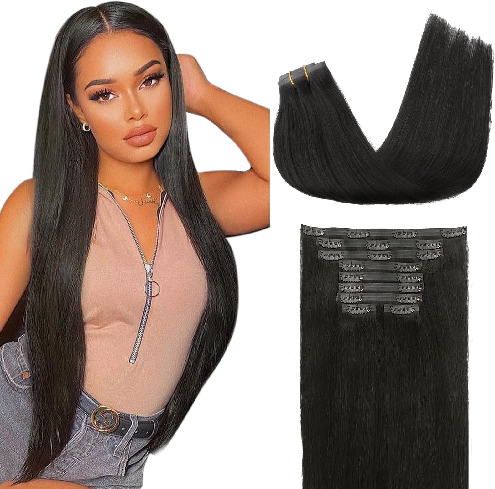 Lashey Clip in Hair Extensions Real Human Hair Seamless Hair Extensions, 9pcs 150g Straight Hair Natural Black #1B 20 Inch Clip in Hair Extension Remy Thick Human Hair with Soft PU Weft