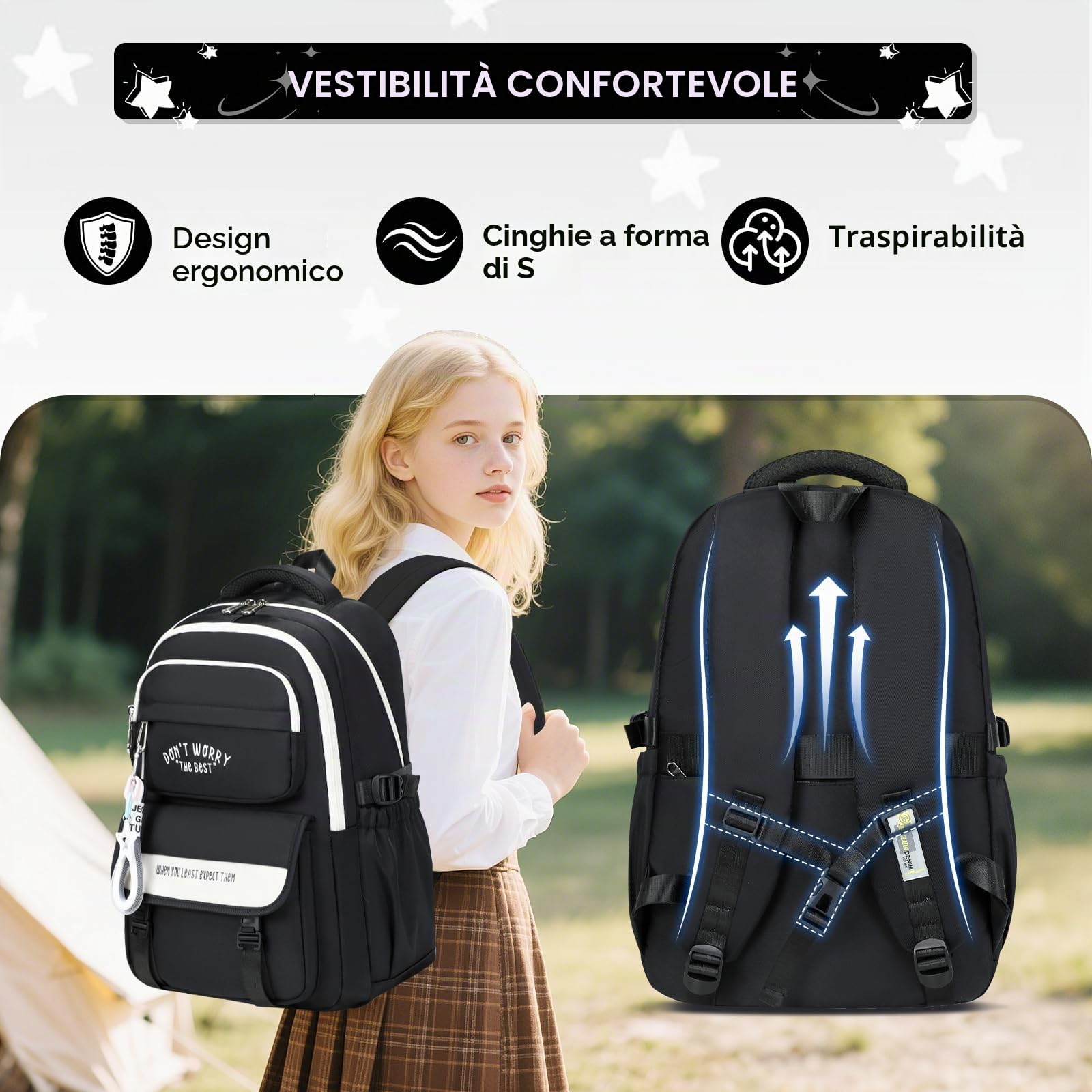 Tanou Zaino Ragazza Scuola Media e Superiore | Zaini Grande in Nylon per Ragazze Adolescenti, Zaino Casual Impermeabile per la Scuola Viaggio con Tasca Porta Pc, Nero