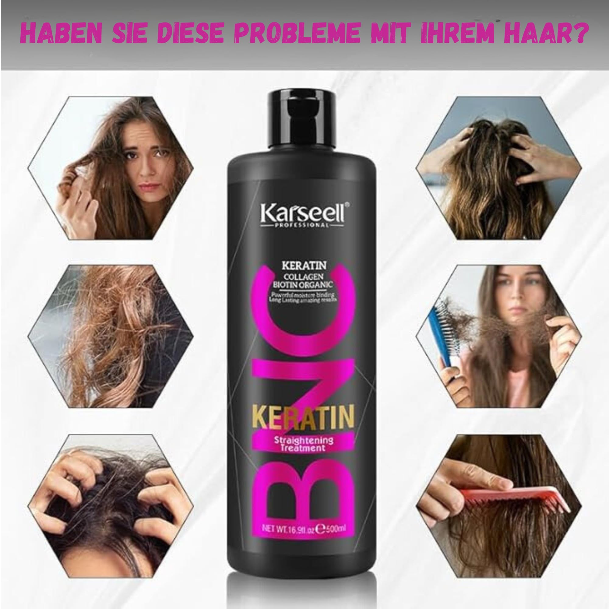Karseell MACA CARE SYSTEM Keratin Glättung Ohne Formaldehyd Trockenes Krauses Geschädigtes Haar Kollagen Biotin Arganöl Feuchtigkeitspflege Glanz Reparatur Antifrizz Tägliche Anwendung Zuhause 500ml