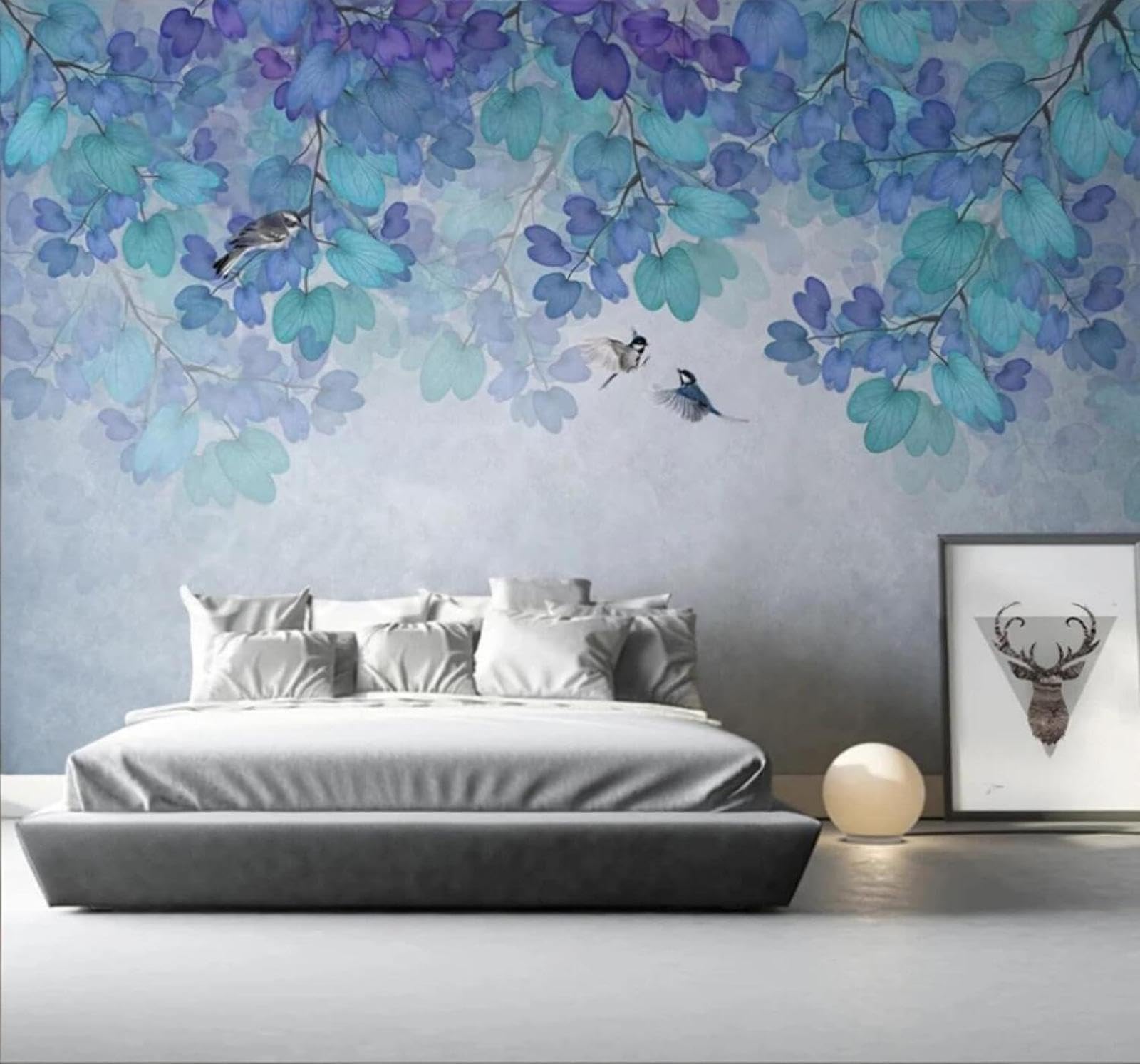 XLMING Hand Drawn Ink Wash Blue Leaves Birds 3D Wallpaper Luxury Silk Study Dining Feature Sofa Grey Bedroom Living Room Tv Decorative Wall-200cm×140cm