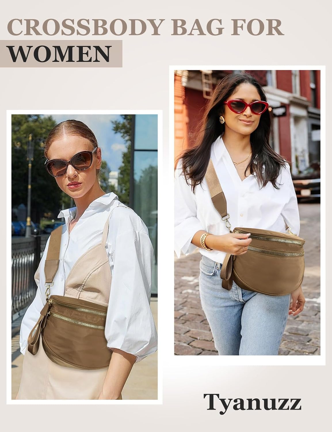 Bum Bags for Women Nylon Crossbody, Spacious Fanny Packs Belt Bag Large Sling Bag with Adjustable Strap (Khaki) - Image 2