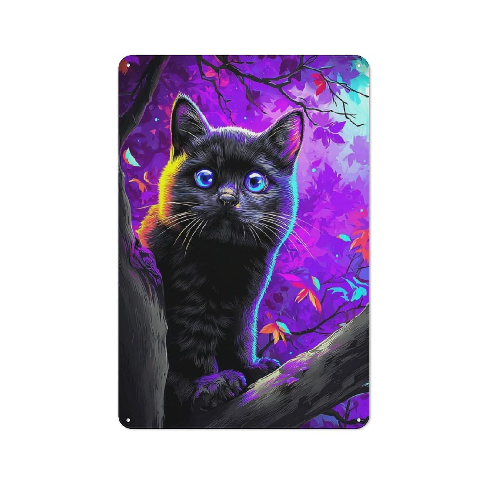 Junmoney Neon Cat In Enchanted Forest Vintage Metal Plaque 30X20cm, Diner Style Decor For Coffee Bar, Kitchen, Bistro Or Tea Corner