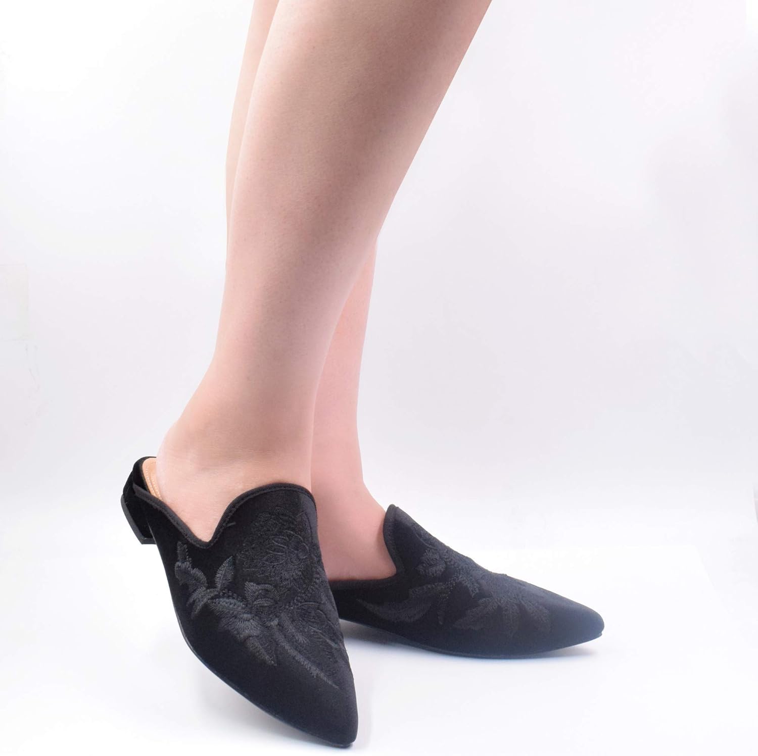 Fericzot Women's Velvet Backless Pointed Toe Slip On Loafers Flats Embroidery Mule Slippers Shoes - Image 2