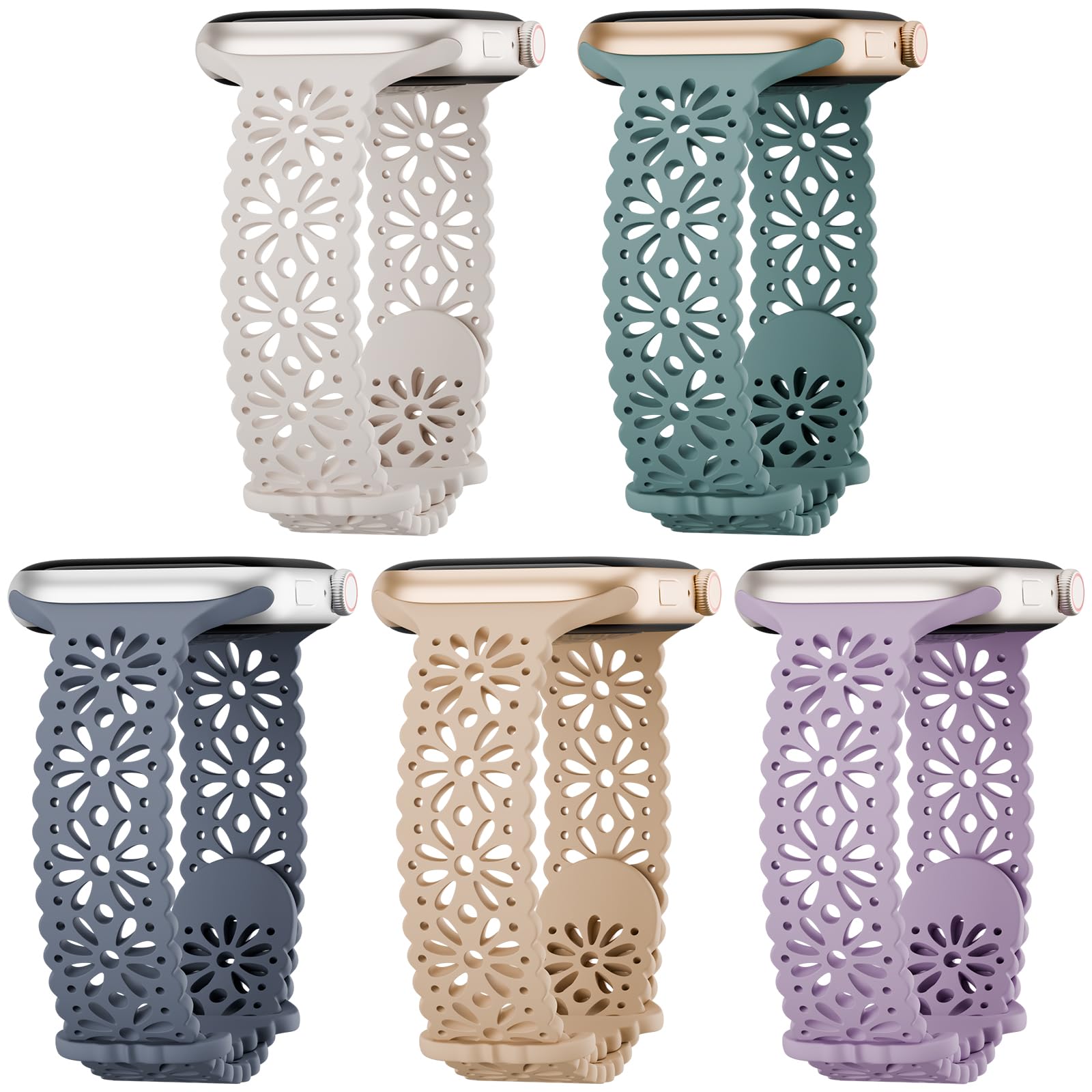 5 Pack Slim Lace Silicone Compatible for Apple Watch Band 38mm 40mm 41mm 42mm 44mm 45mm 46mm 49mm, Thin Hollow-out Breathable Strap for iWatch Ultra 3