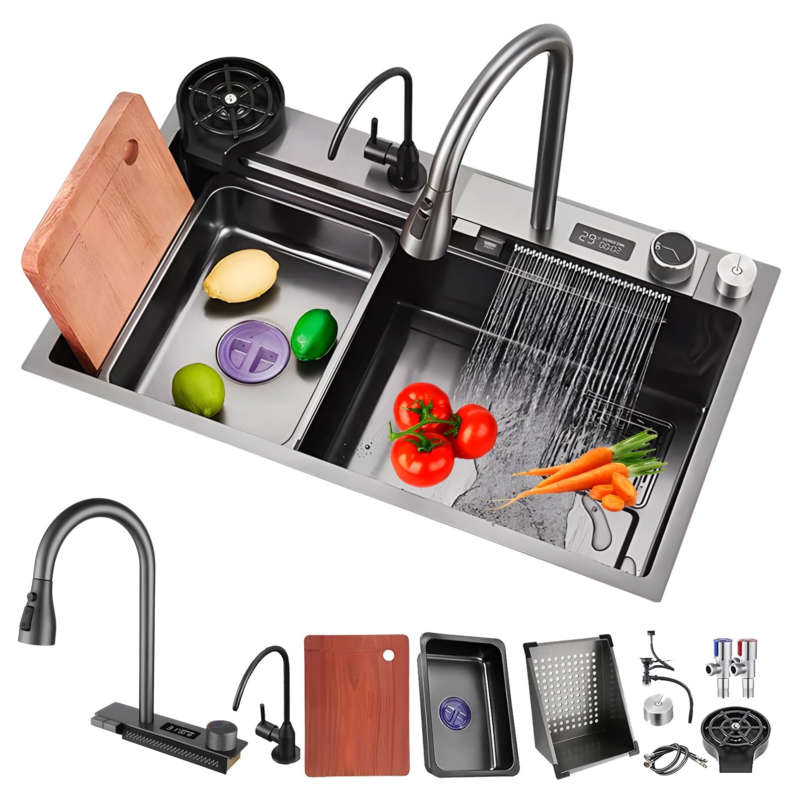 YADZISW Black Stainless Steel Waterfall Sink - Single Bowl Workstation with Pull-Out Faucet Nano Coating Top-Mount Design Includes Siphon Overflow & Drain Set Ideal for Modern Kitchens