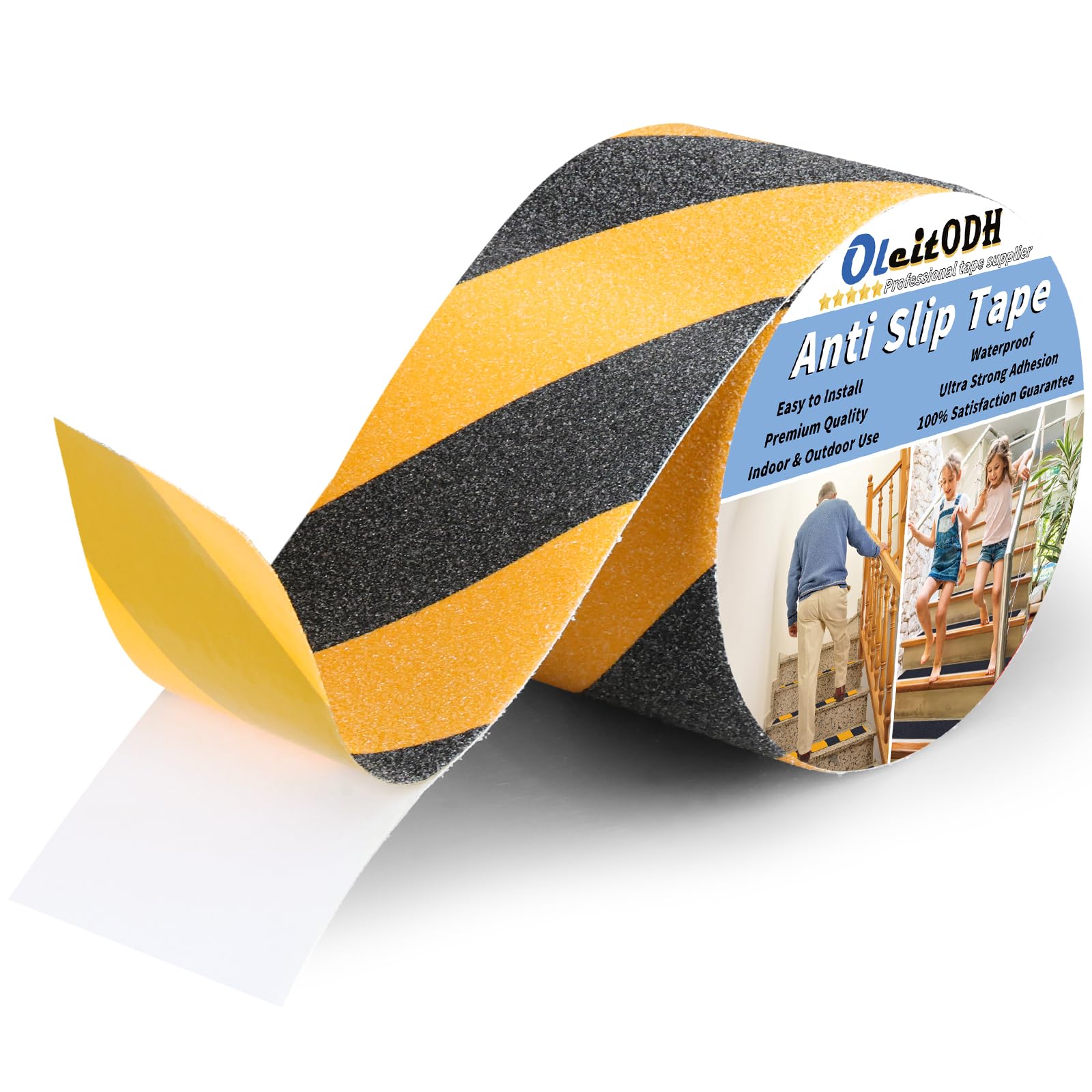Oleitodh Non Slip Safety Grip Tape for Stairs Steps 2 in x 60Ft Non Skid Tread High Traction Friction, Black Yellow Strong Grip Abrasive Adhesive