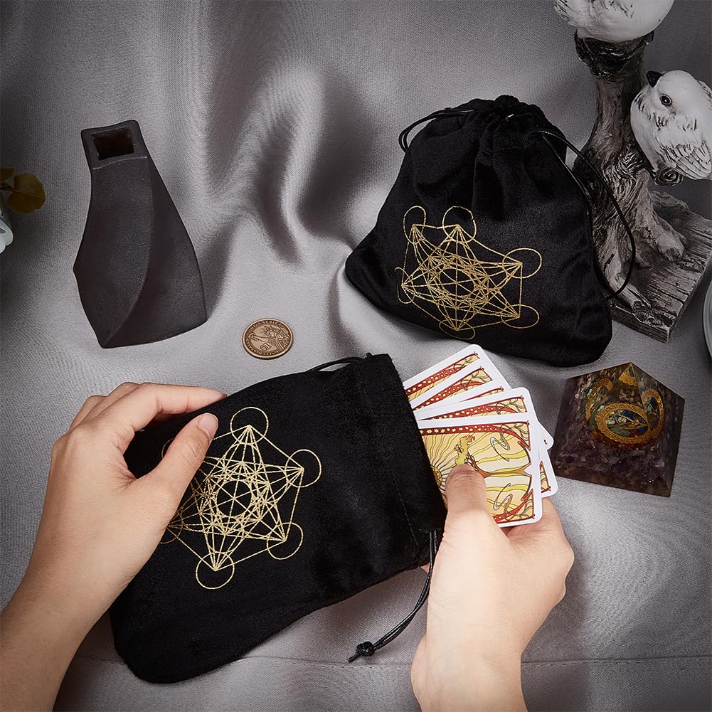 CREATCABIN 2 Sacs Velours Tarot - Cube Metatron - 16,5x15 Cm - Rangement Cartes, Runes, Cristaux - Cordon Serrage - Noir