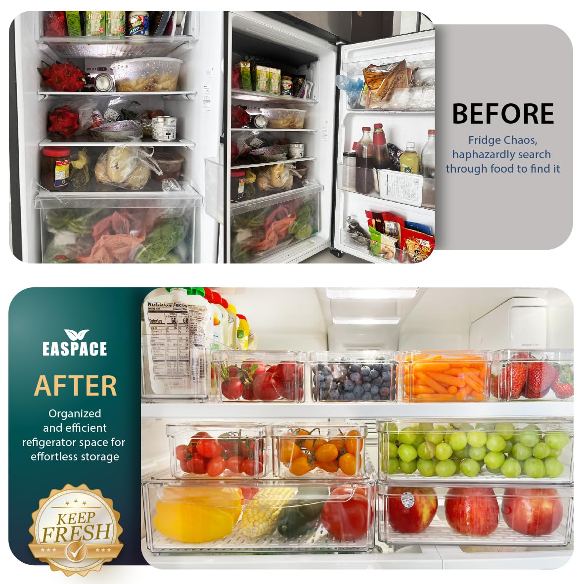Paquete de 10 contenedores organizadores transparentes para refrigerador con tapas y agujeros de drenaje, juego de recipientes apilables, recipientes de almacenamiento de plástico sin BPA para
