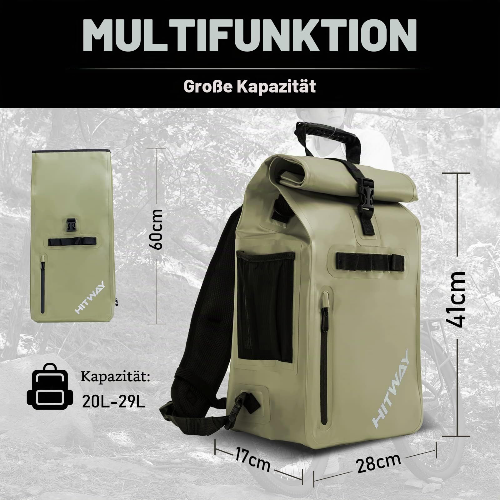 HITWAY 3in1 Fahrradtasche-29L-Geeignet als Umhängetasche - Gepäckträgertasche -Rucksäcke für Radsport -100% wasserdicht - 3M reflektierende Paneele